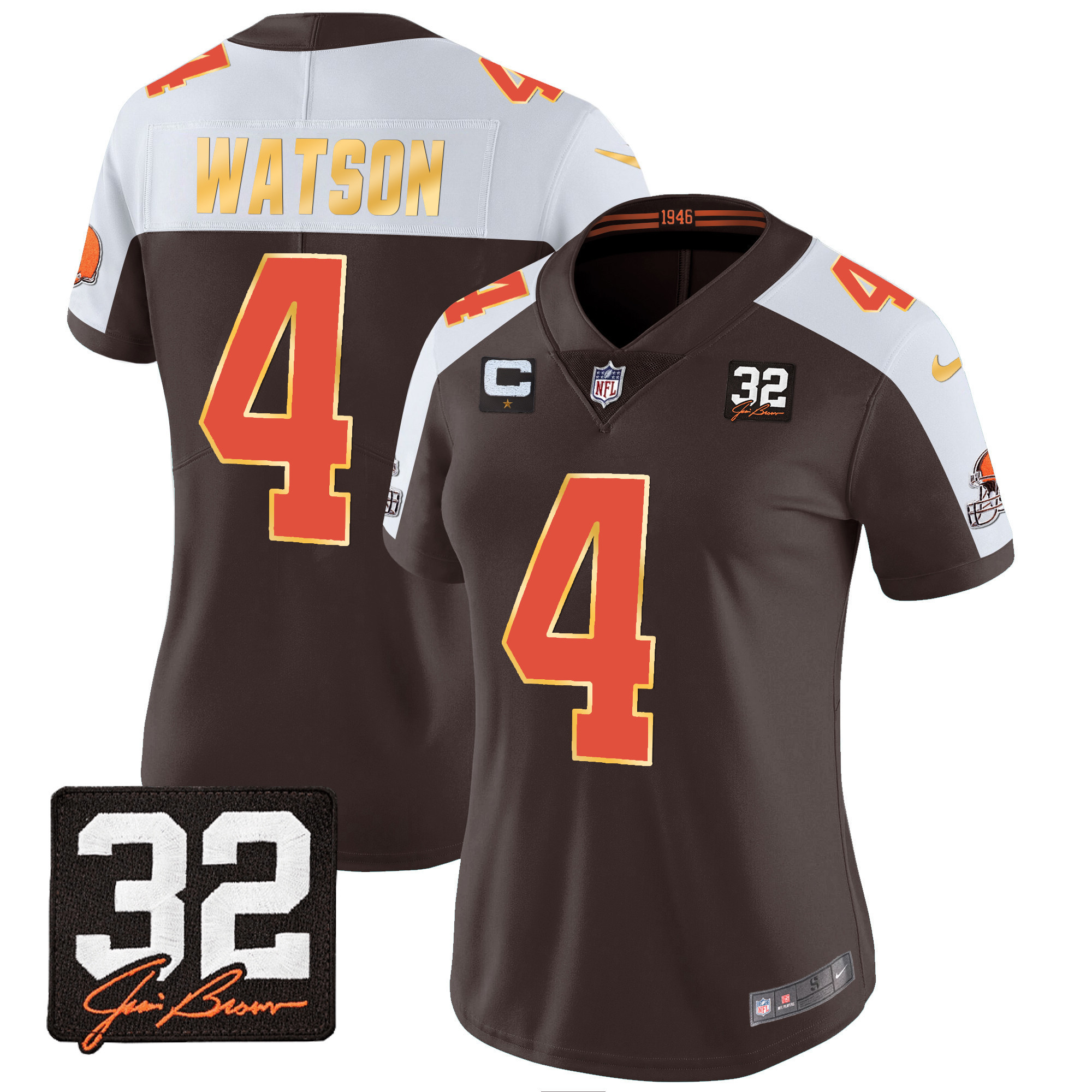 Deshaun Watson Women's Cleveland Browns #32 Jim Brown Memorial Patch Gold Trim Alternate Jersey - All Stitched