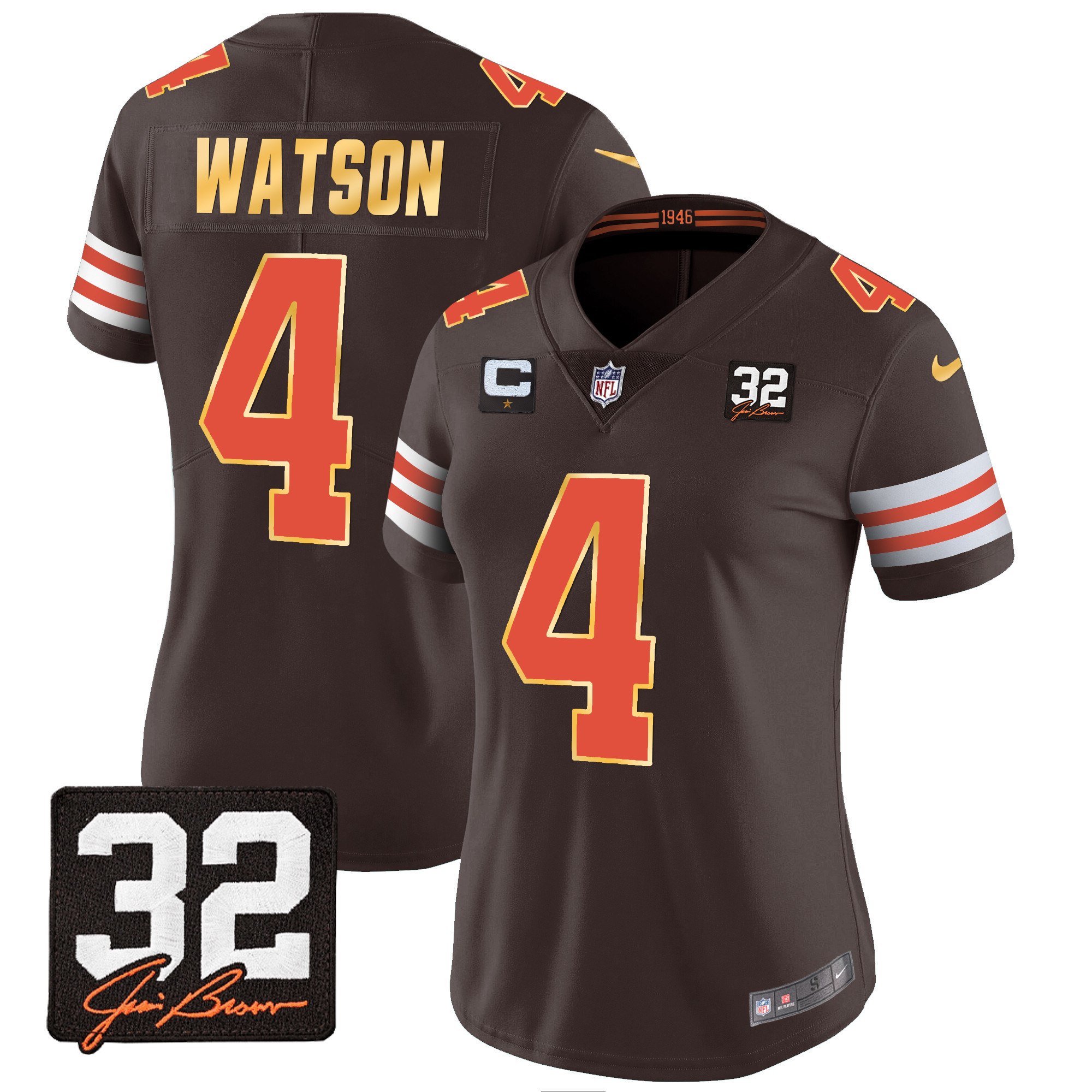 Deshaun Watson Women's Cleveland Browns #32 Jim Brown Memorial Patch Gold Trim Brown Jersey - All Stitched