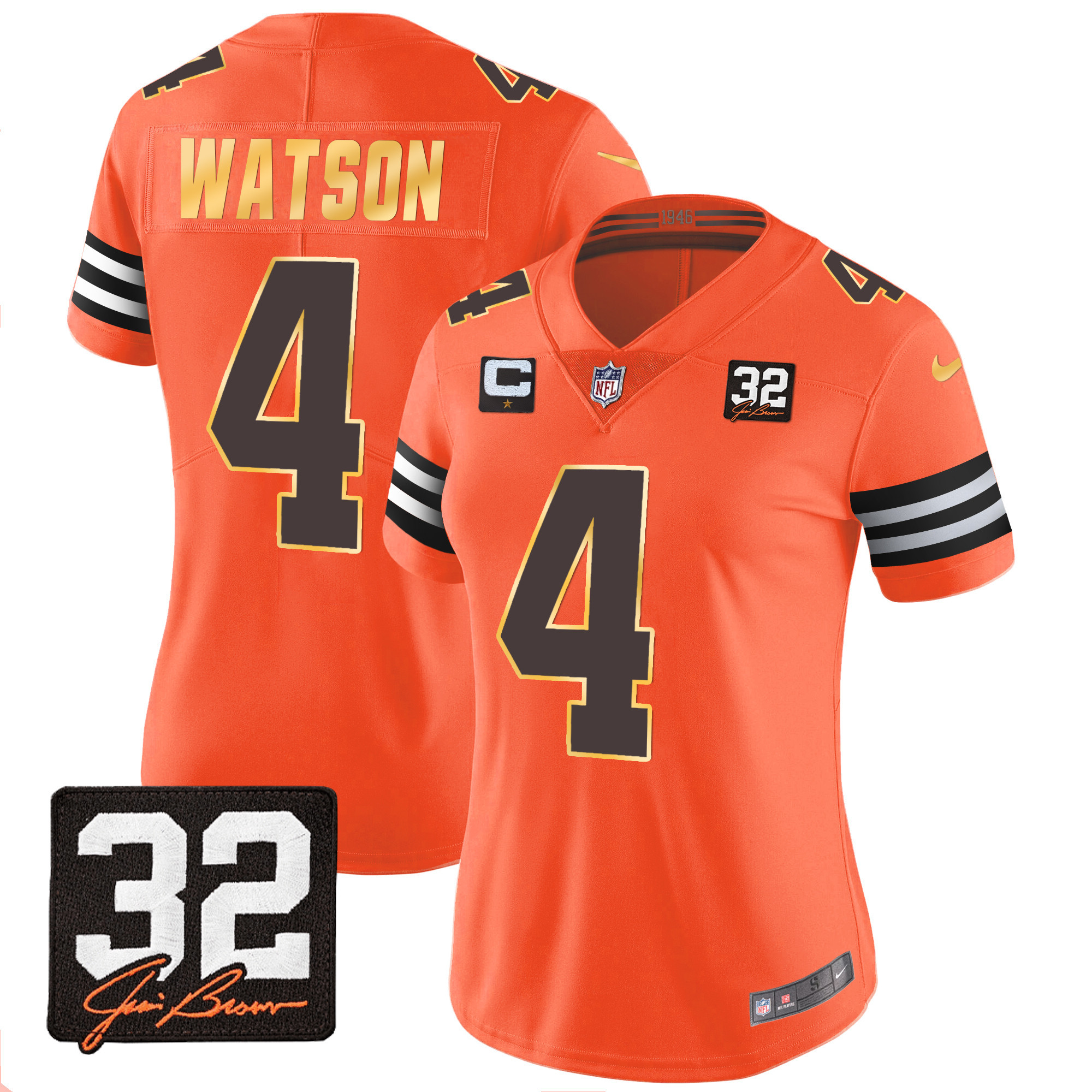 Deshaun Watson Women's Cleveland Browns #32 Jim Brown Memorial Patch Gold Trim Orange Jersey - All Stitched