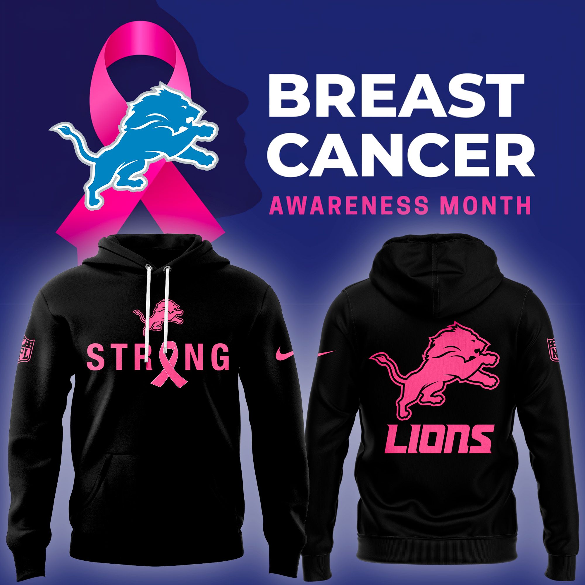 Detroit Lions Pink Ribbon Awareness Fleece Hoodie 2025