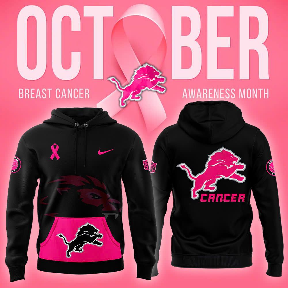 Detroit Lions Unisex Breast Cancer Awareness Crucial Catch Black Pink Hoodie