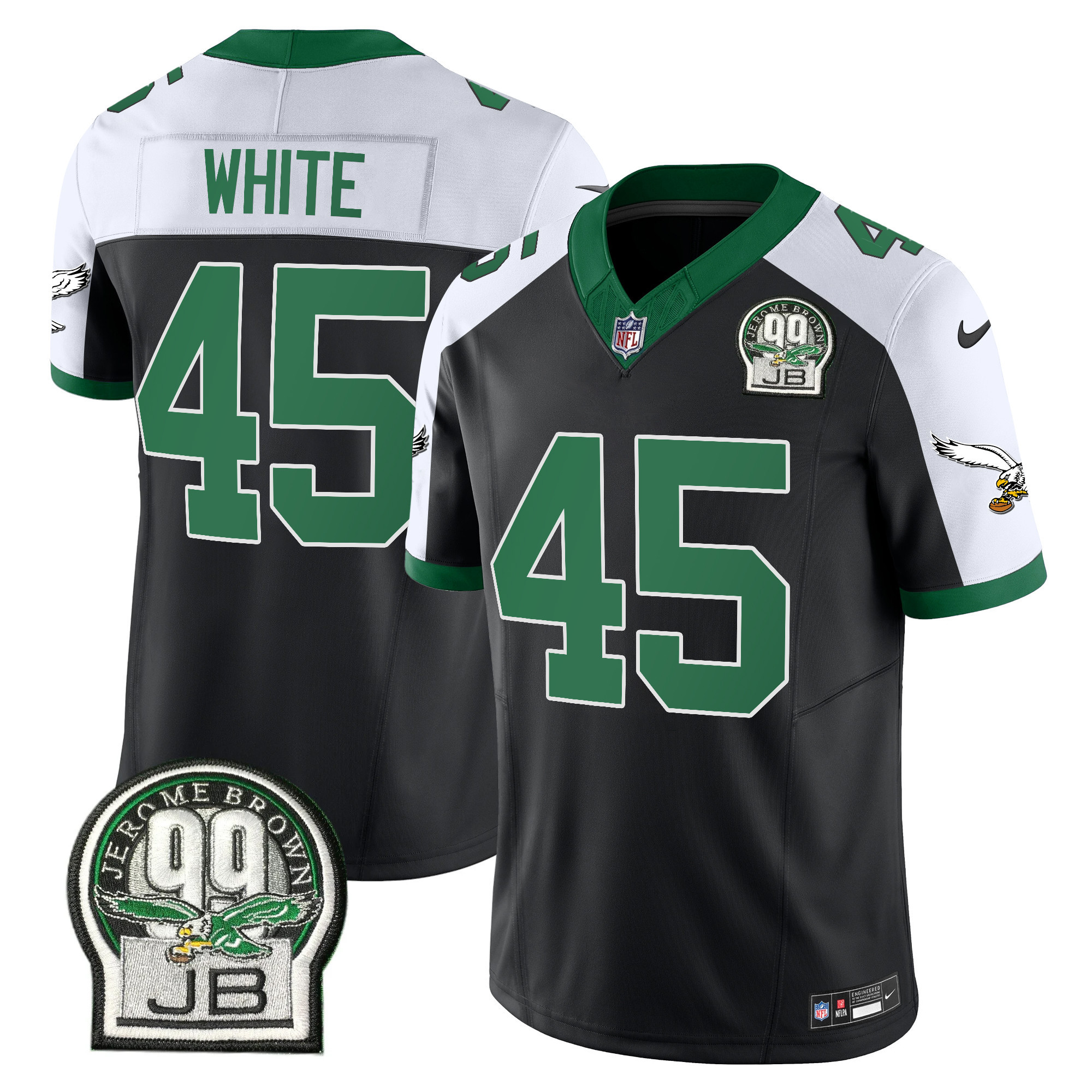Devin White Men's Philadelphia Eagles Jerome Brown Patch Kelly Green Alternate Black Alternate Jersey - All Stitched