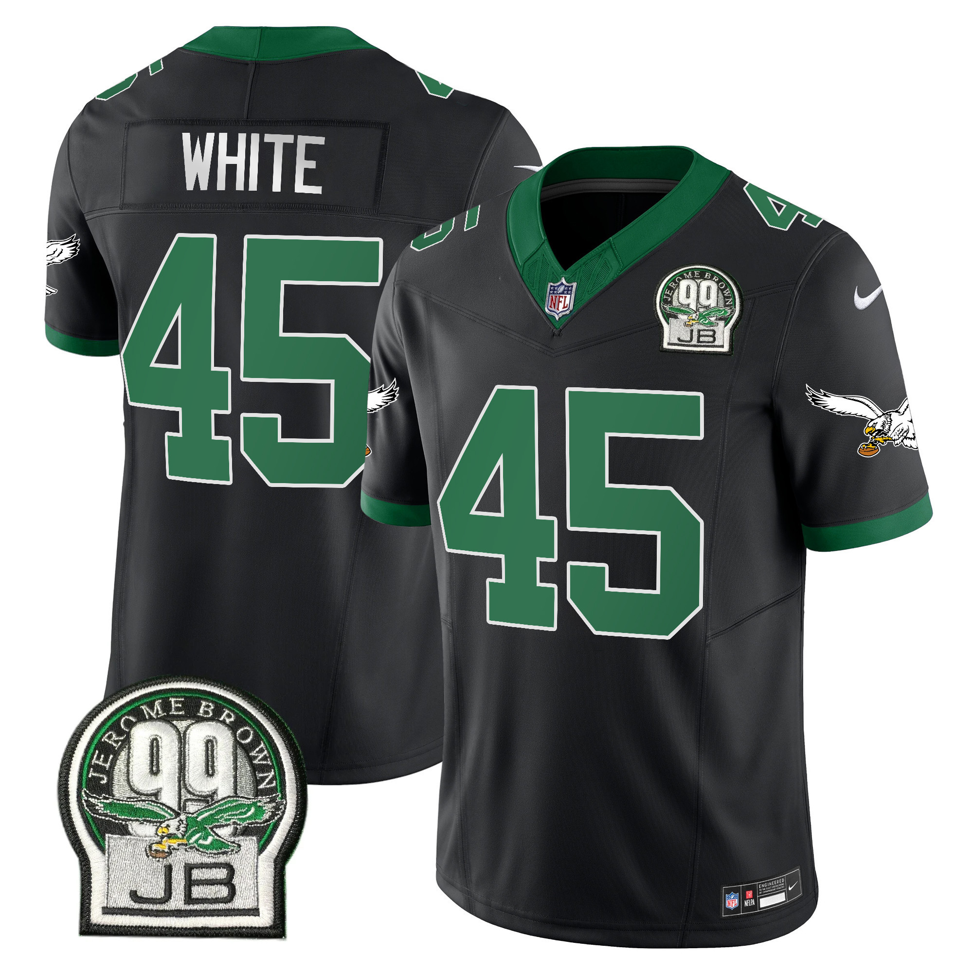 Devin White Men's Philadelphia Eagles Jerome Brown Patch Kelly Green Alternate Black Jersey - All Stitched