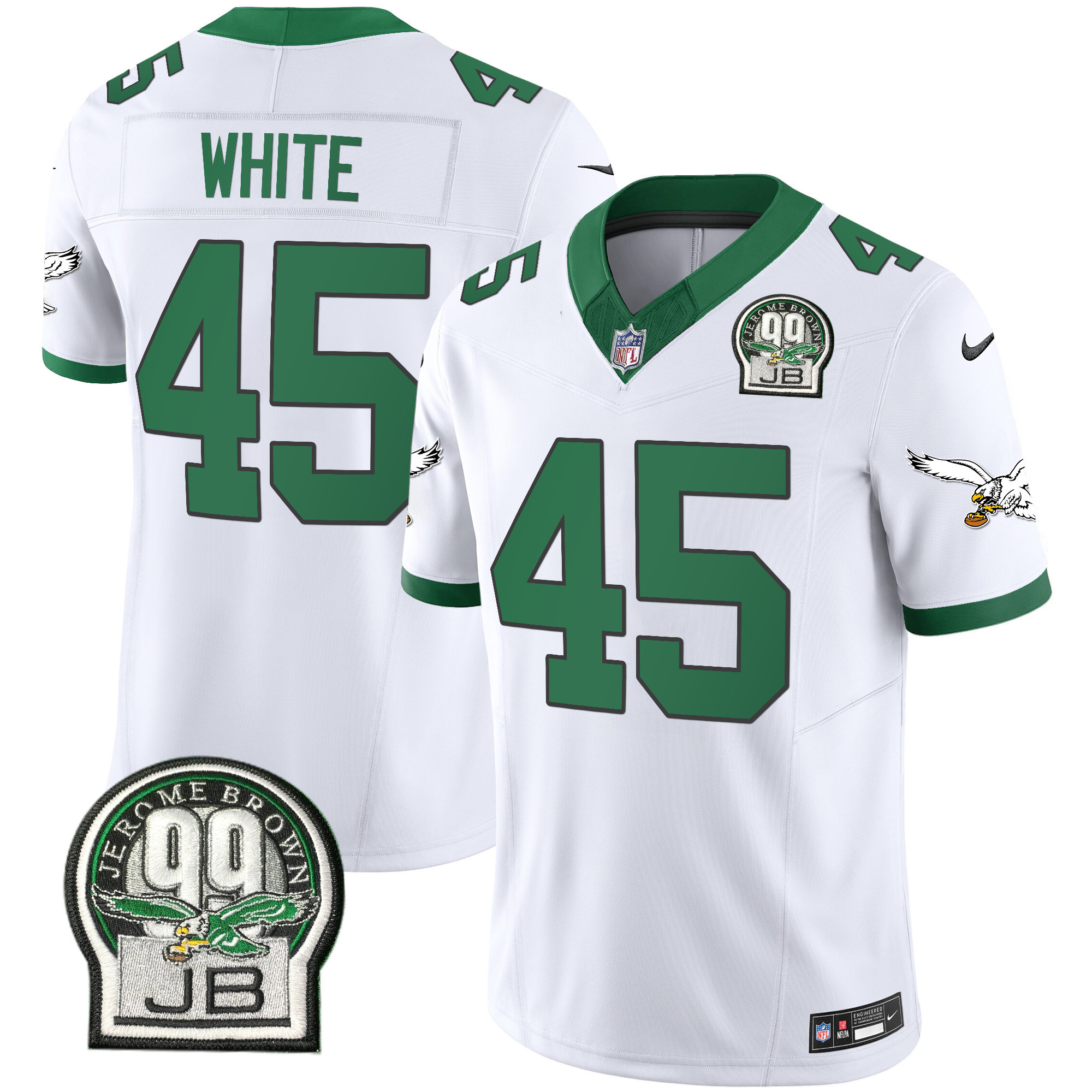Devin White Men's Philadelphia Eagles Jerome Brown Patch Kelly Green Alternate Kelly White Jersey - All Stitched