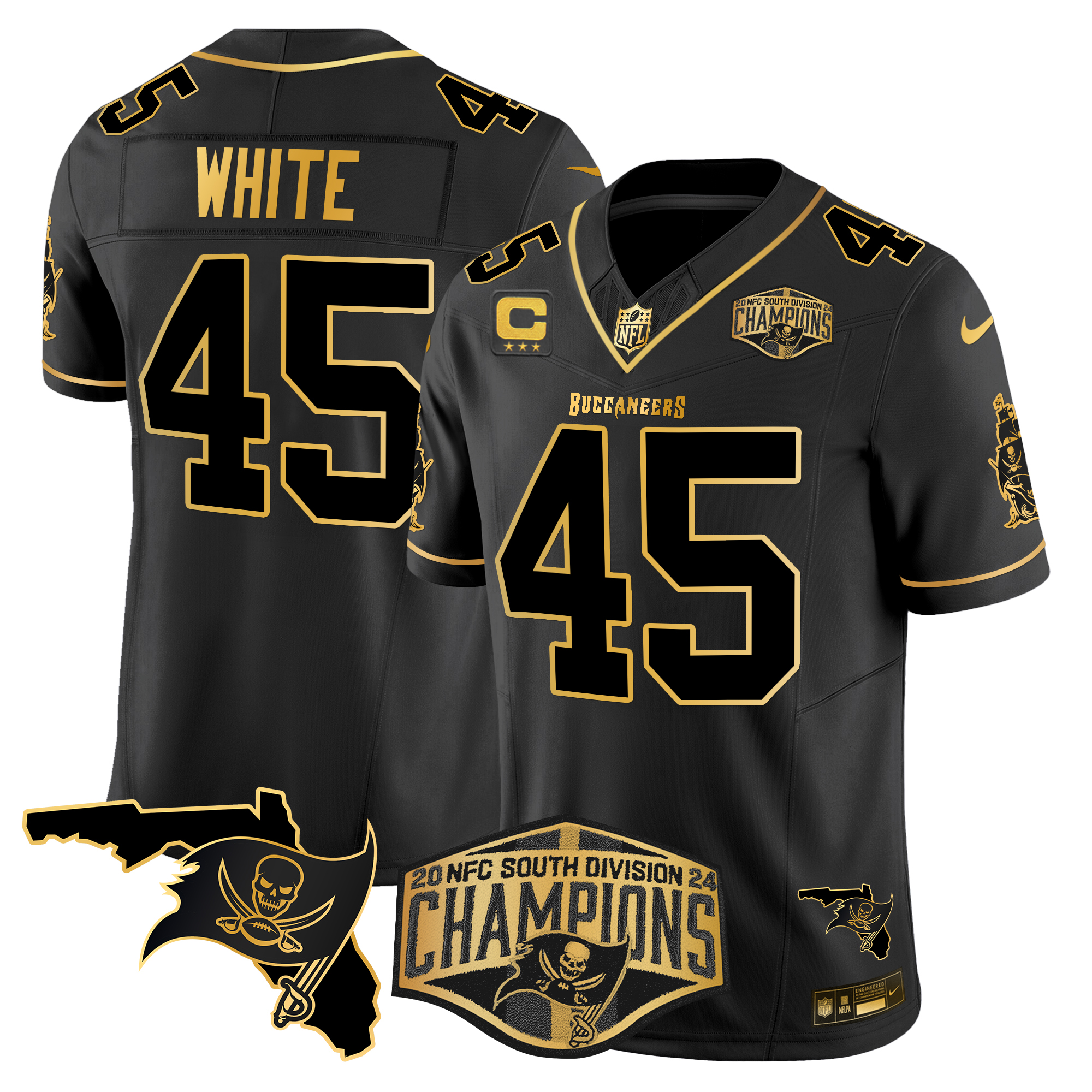 Devin White Men's Tampa Bay Buccaneers 2024 NFC South Division Champions Patch Gold Vapor Limited Black Gold Jersey - All Stitched