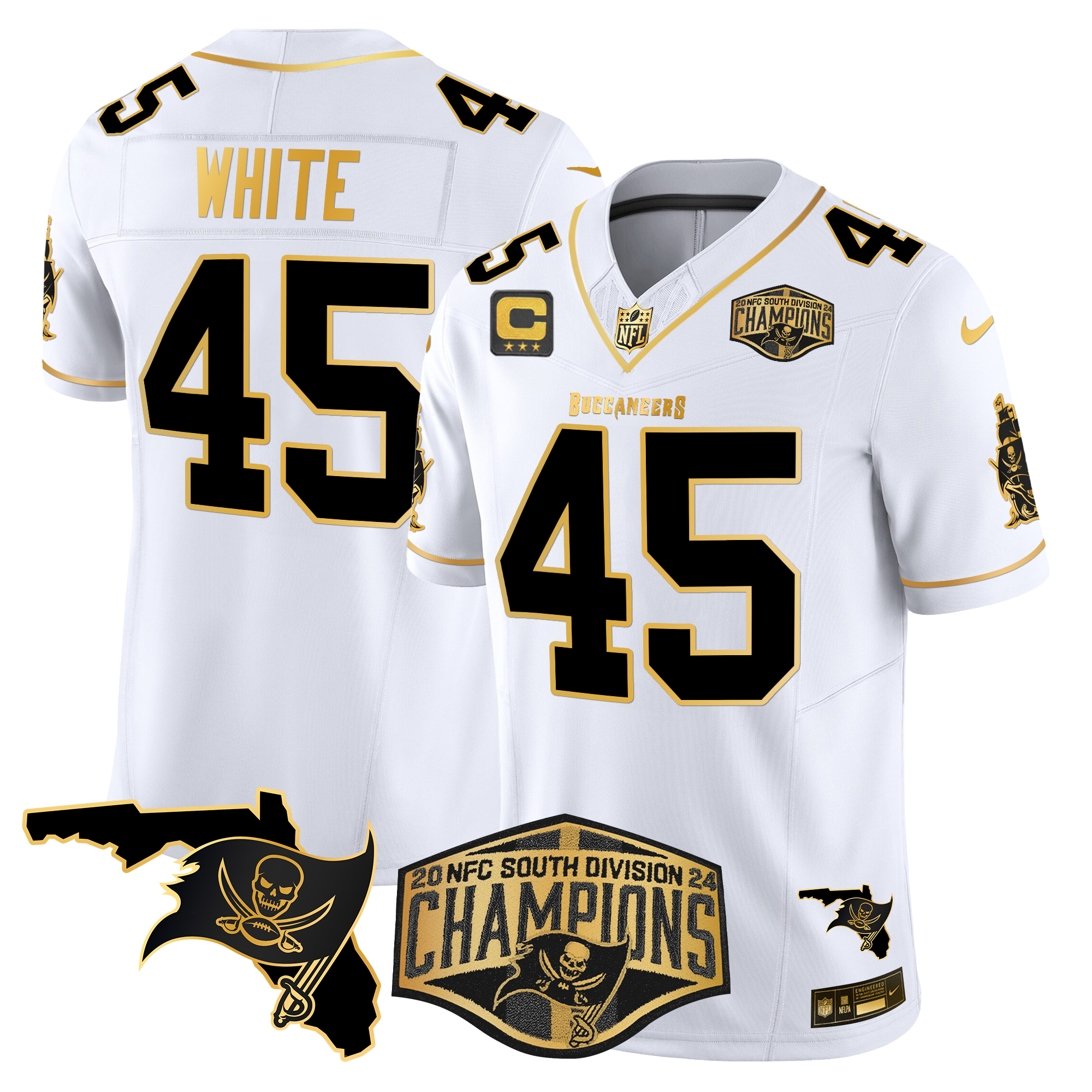 Devin White Men's Tampa Bay Buccaneers 2024 NFC South Division Champions Patch Gold Vapor Limited White Gold Jersey - All Stitched