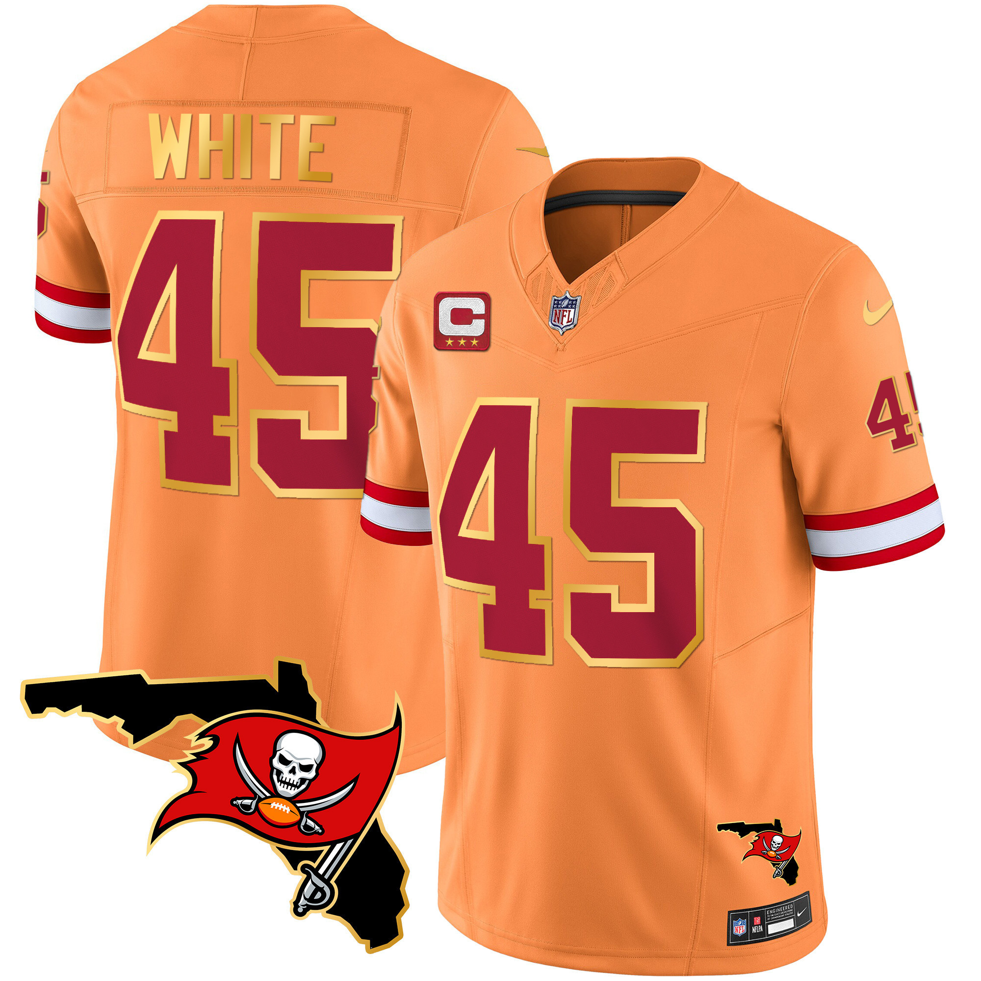 Devin White Men's Tampa Bay Buccaneers Florida Patch Gold Trim Vapor Orange Jersey - All Stitched