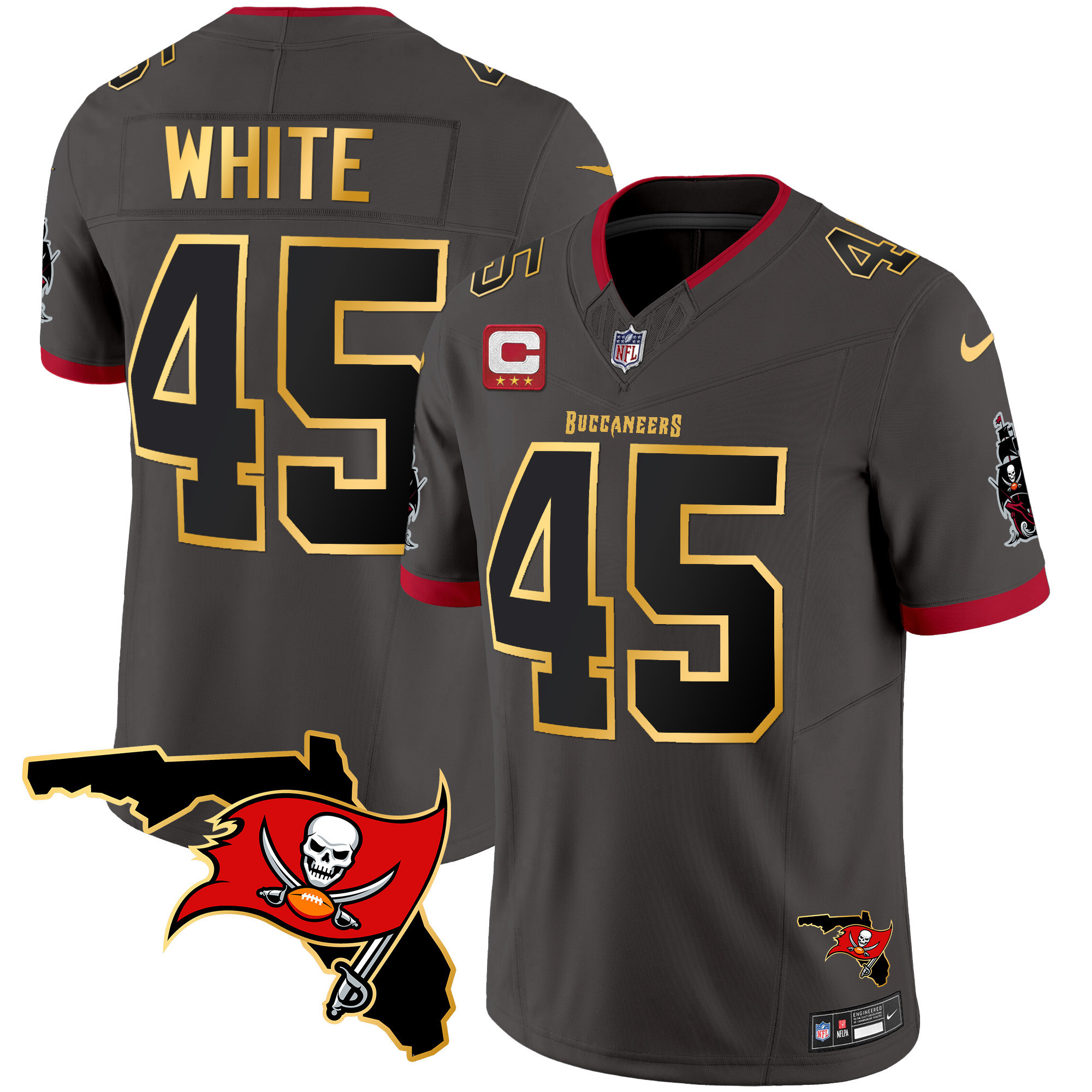 Devin White Men's Tampa Bay Buccaneers Florida Patch Gold Trim Vapor Pewter Jersey - All Stitched