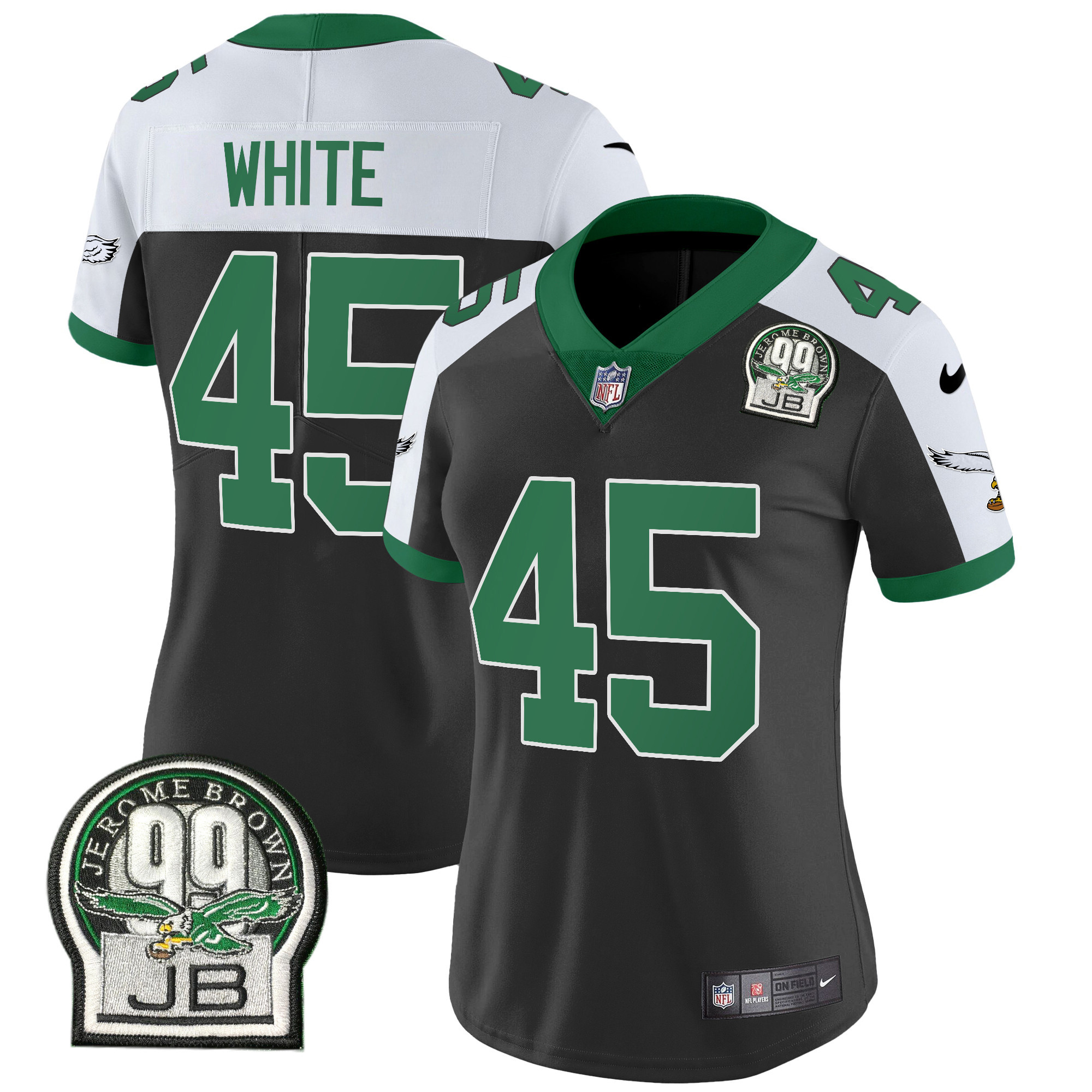 Devin White Women's Philadelphia Eagles Jerome Brown Patch Kelly Green Alternate Black Alternate Jersey - All Stitched