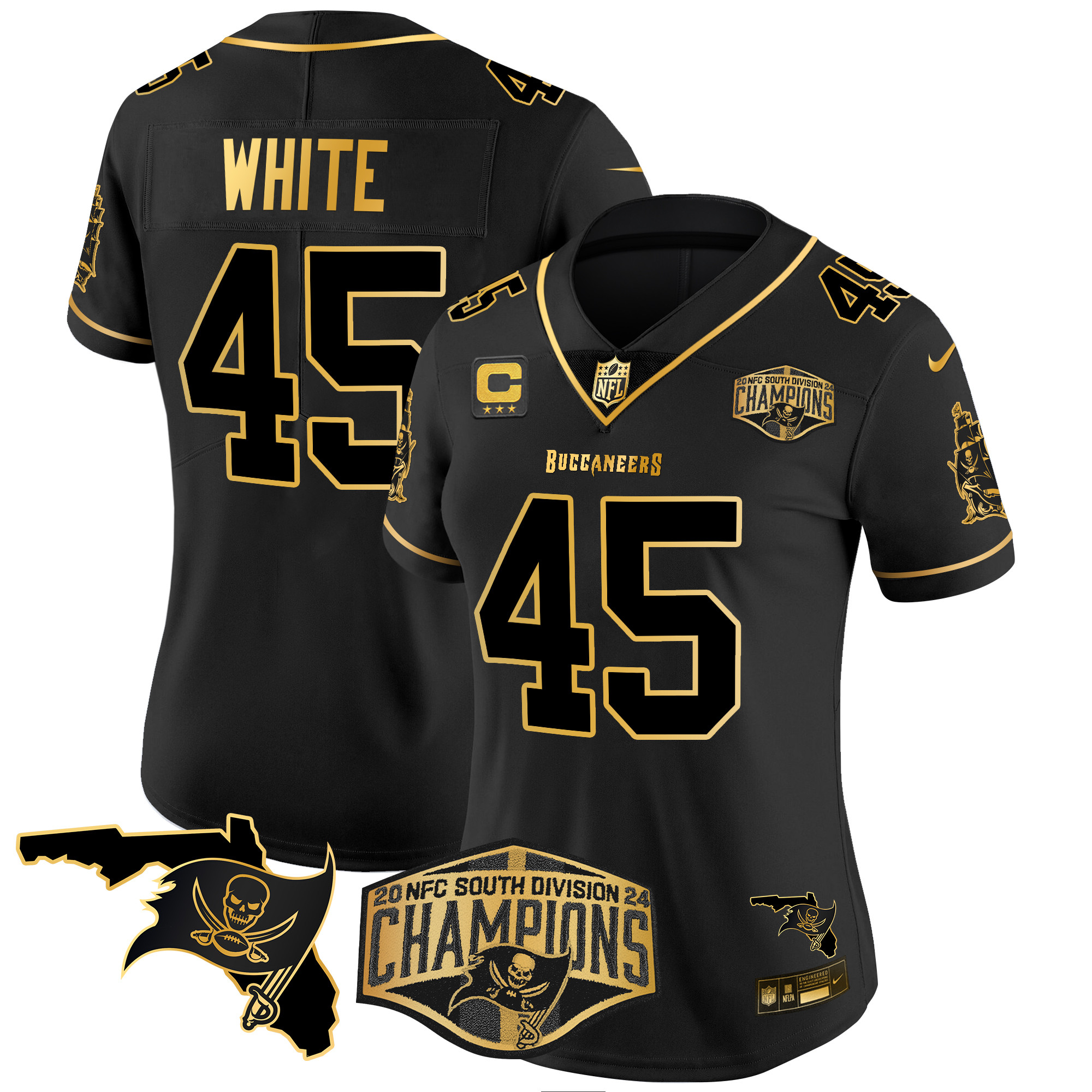 Devin White Women's Tampa Bay Buccaneers 2024 NFC South Division Champions Patch Gold Vapor Limited Black Gold Jersey - All Stitched