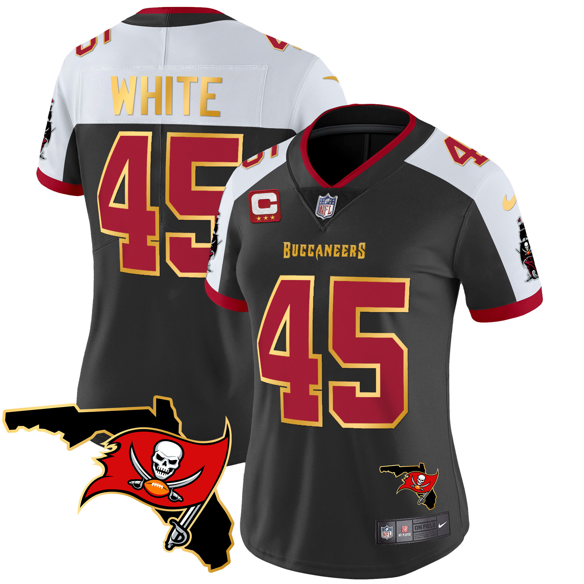 Devin White Women's Tampa Bay Buccaneers Florida Patch Gold Trim Vapor Black Alternate Jersey - All Stitched