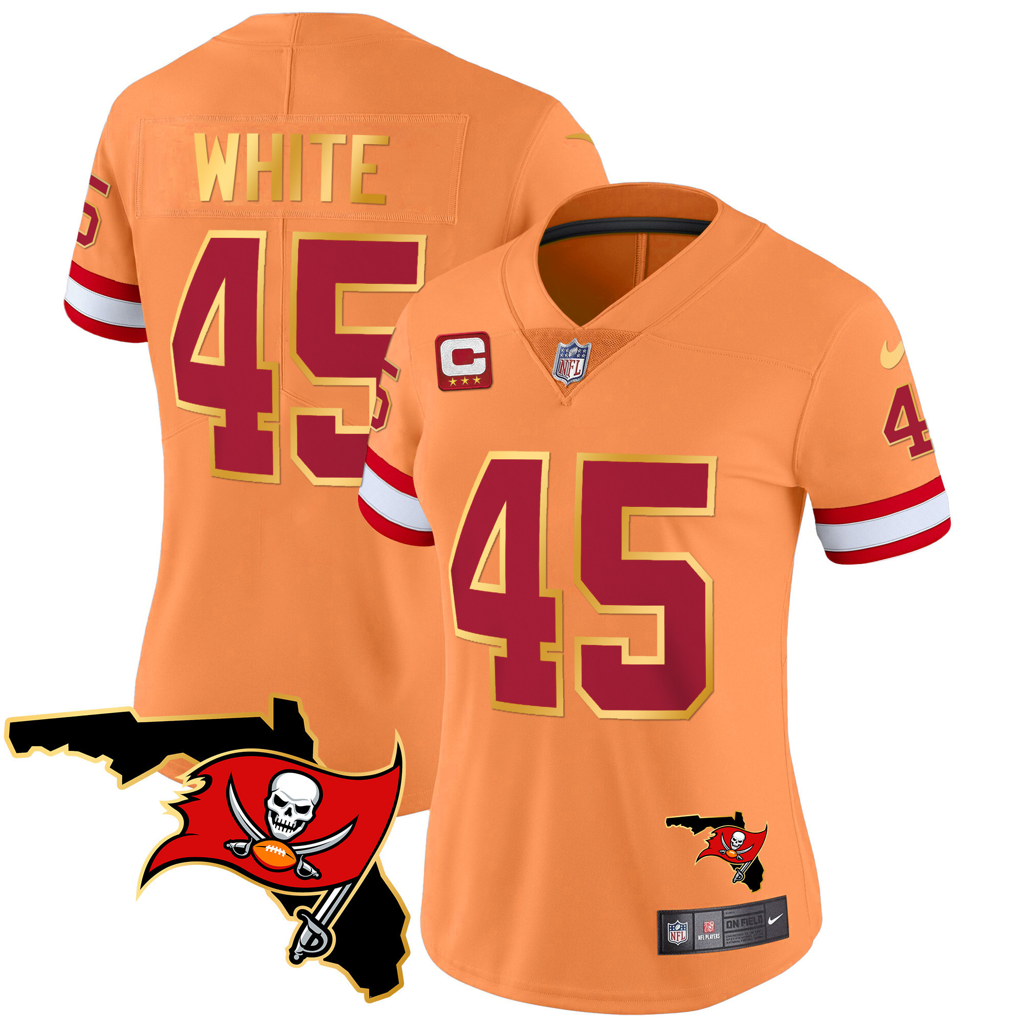 Devin White Women's Tampa Bay Buccaneers Florida Patch Gold Trim Vapor Orange Jersey - All Stitched