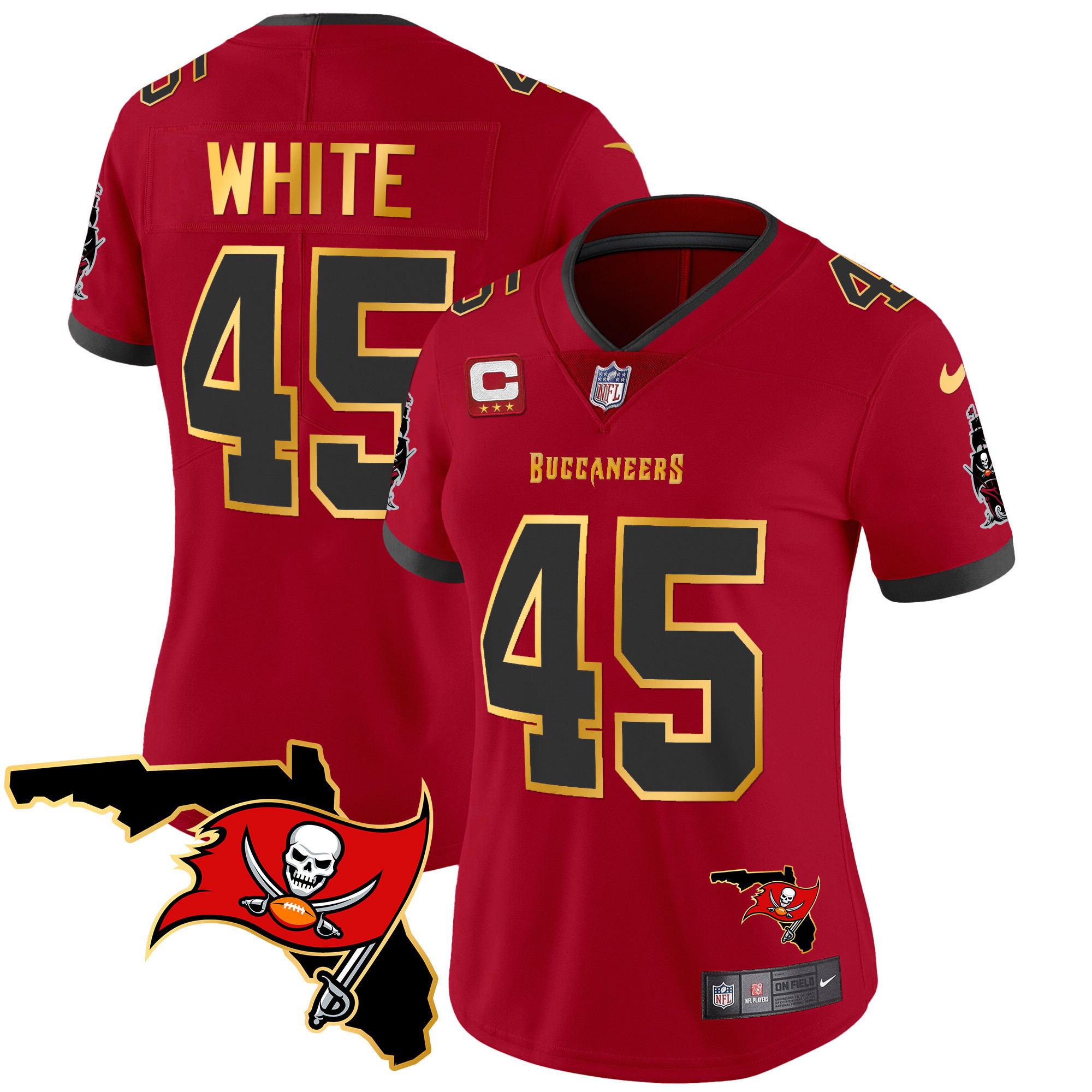 Devin White Women's Tampa Bay Buccaneers Florida Patch Gold Trim Vapor Red Jersey - All Stitched