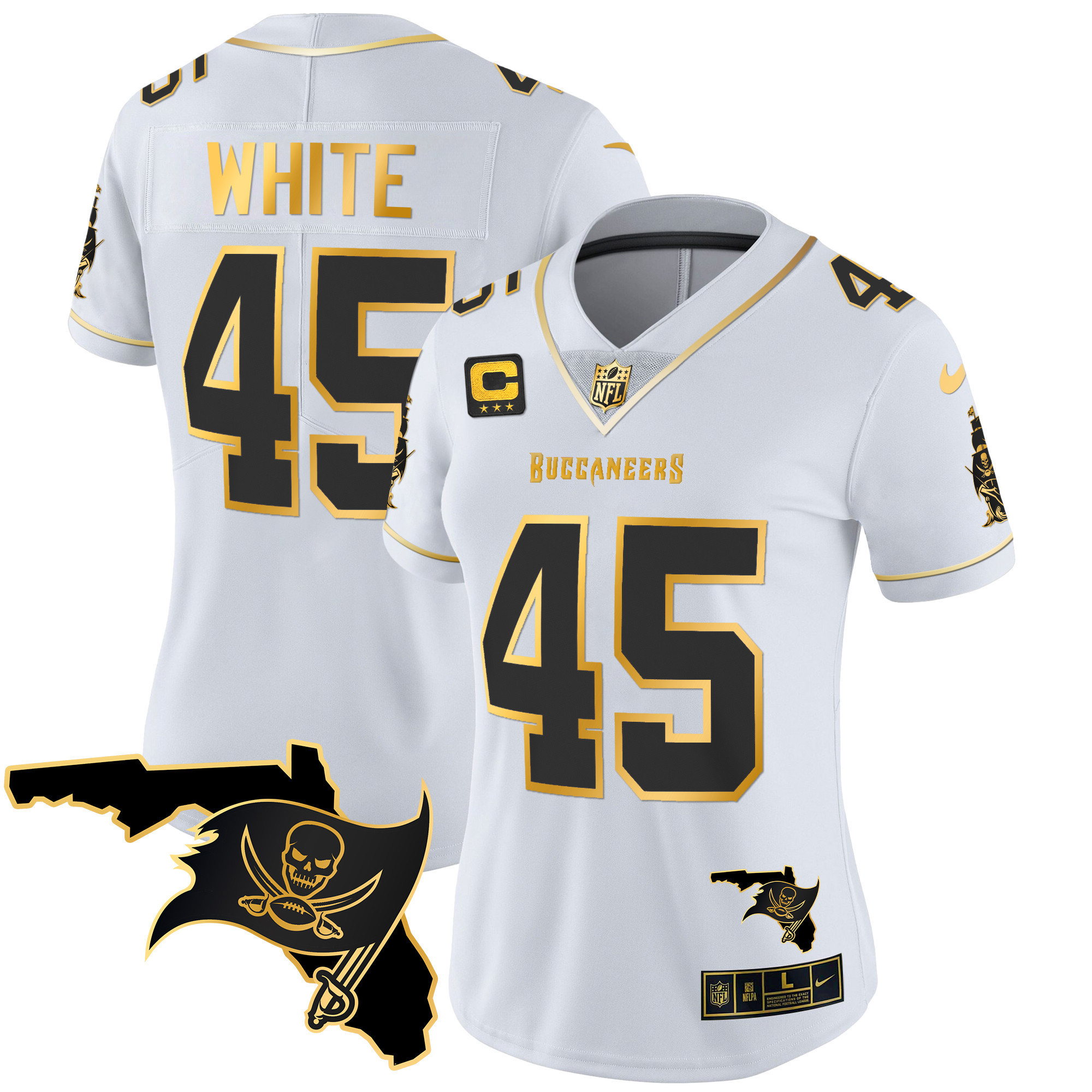 Devin White Women's Tampa Bay Buccaneers Florida Patch Vapor Gold White Gold Jersey - All Stitched