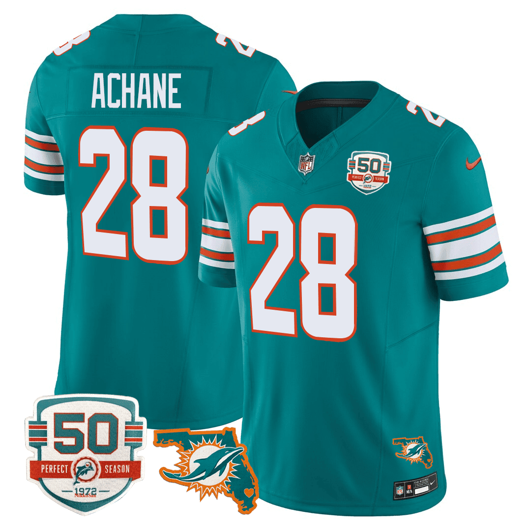 De'Von Achane Men's Miami DolphinsThrowback 50th Perfect Season & Florida Patch Vapor Jersey Aqua Jersey - All Stitched