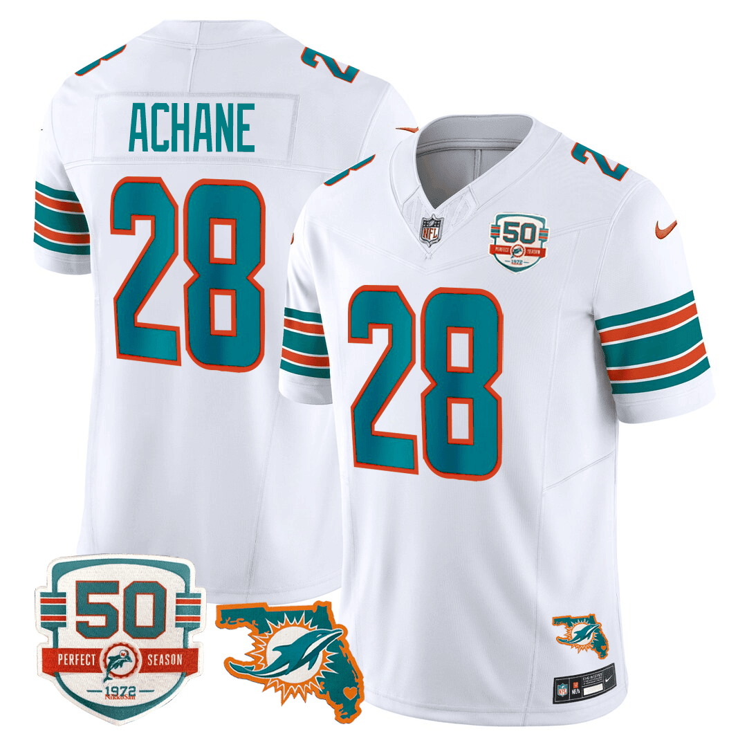 De'Von Achane Men's Miami DolphinsThrowback 50th Perfect Season & Florida Patch Vapor Jersey White Jersey - All Stitched