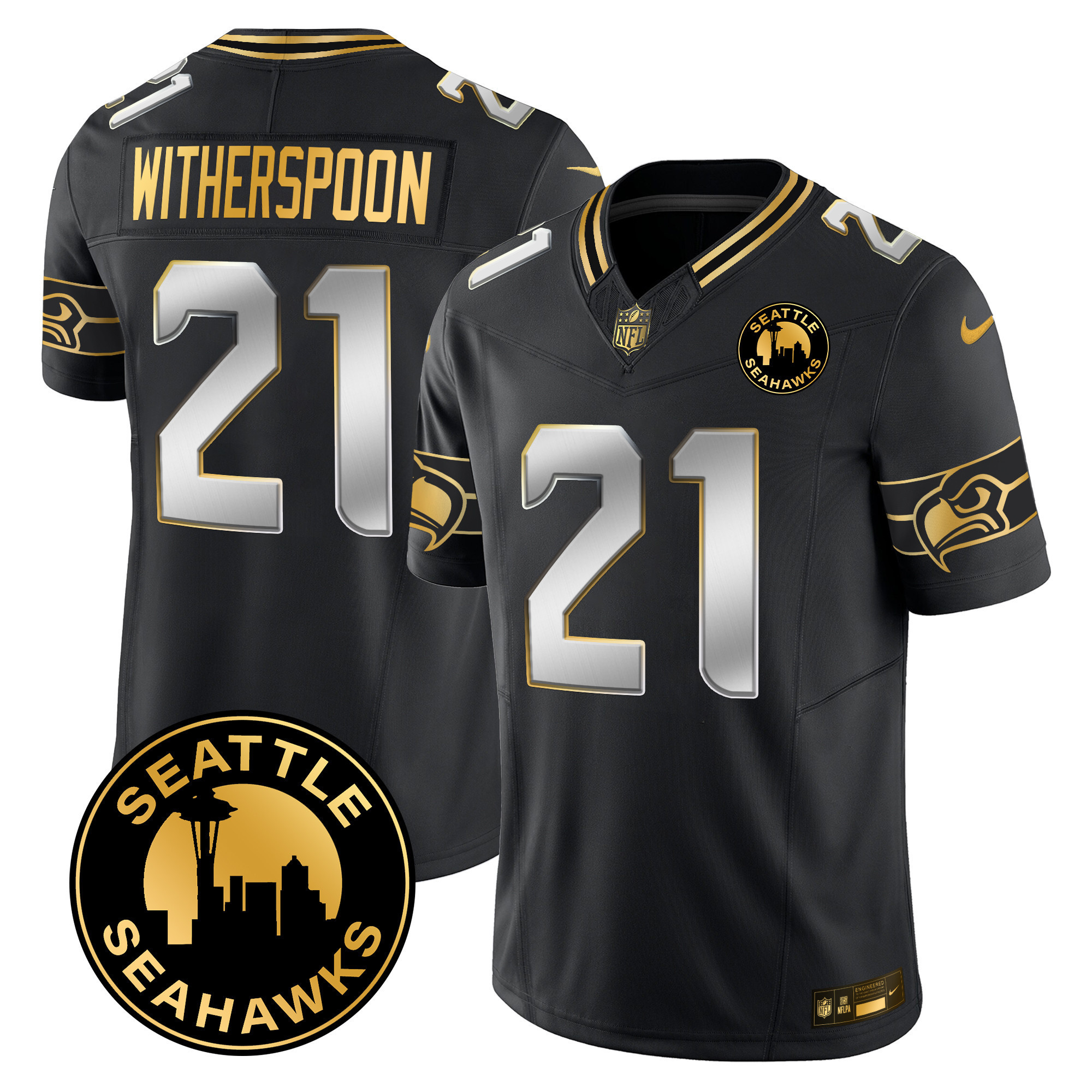 Devon Witherspoon Men's Seattle Seahawks 2024 Seattle City Patch Gold Vapor Limited Black Limited Jersey - All Stitched