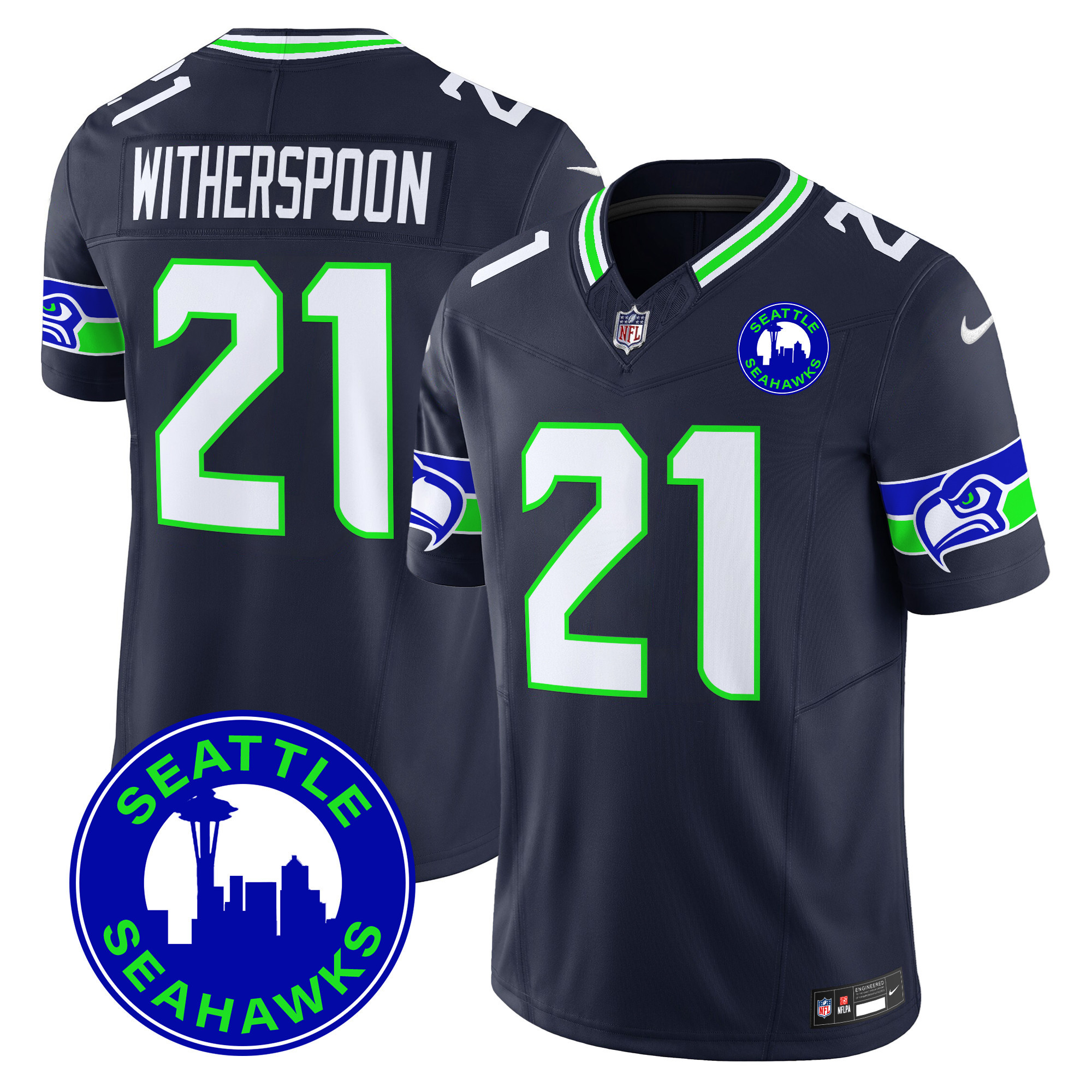 Devon Witherspoon Men's Seattle Seahawks 2024 Seattle City Patch Vapor Limited Navy Jersey - All Stitched
