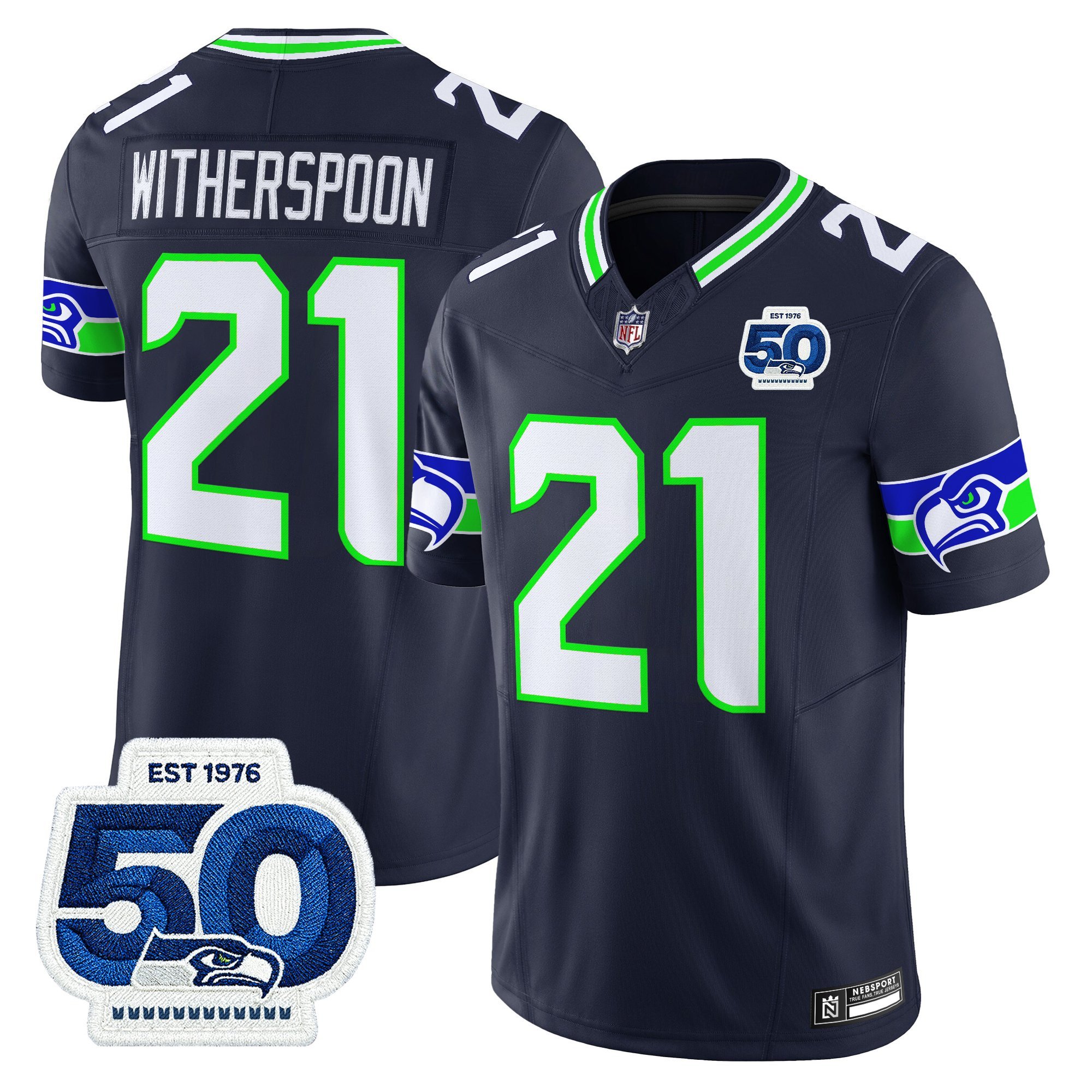 Devon Witherspoon Men's Seattle Seahawks 50th Anniversary Patch Vapor Limited Navy Jersey - All Stitched