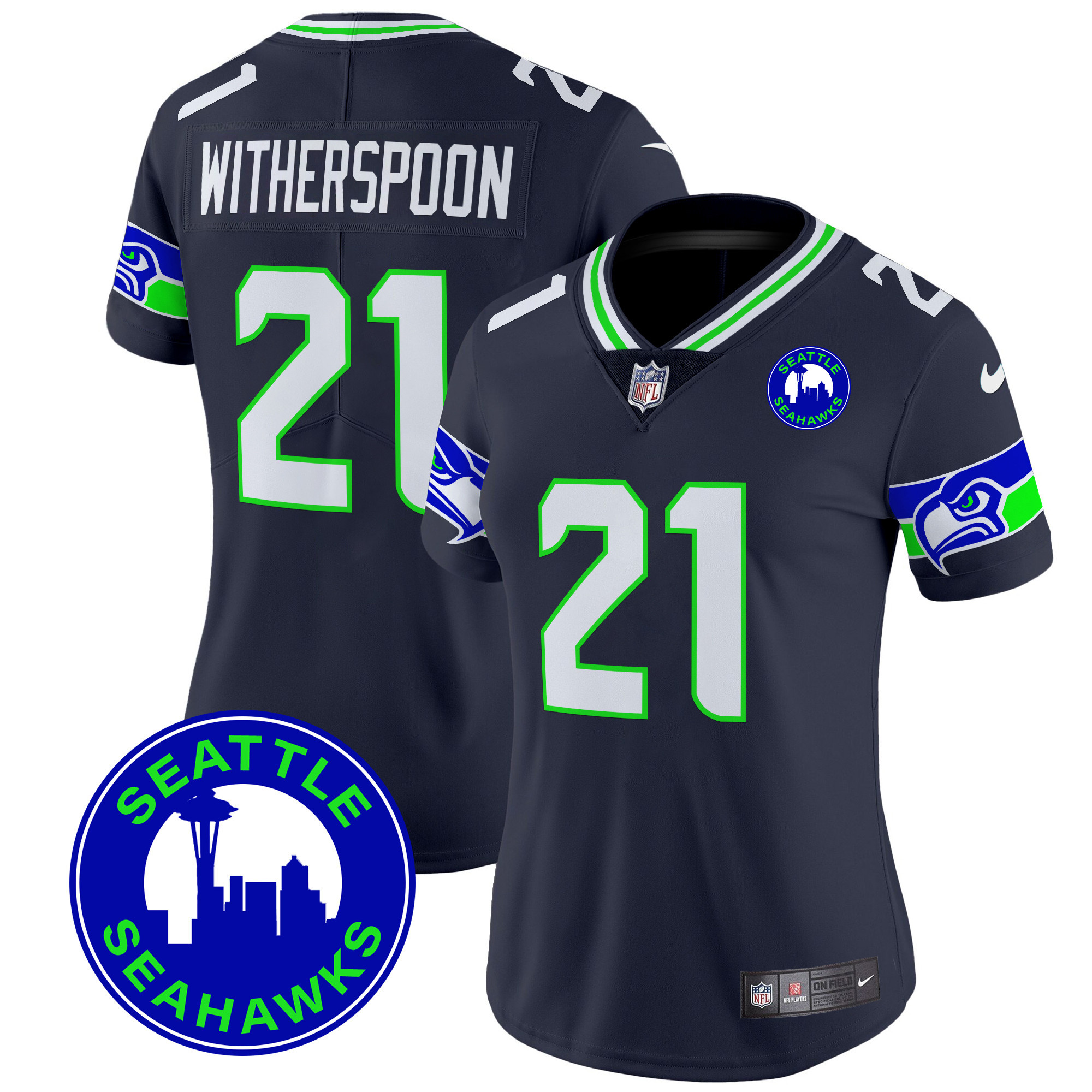 Devon Witherspoon Women's Seattle Seahawks 2024 Seattle City Patch Vapor Limited Navy Jersey - All Stitched