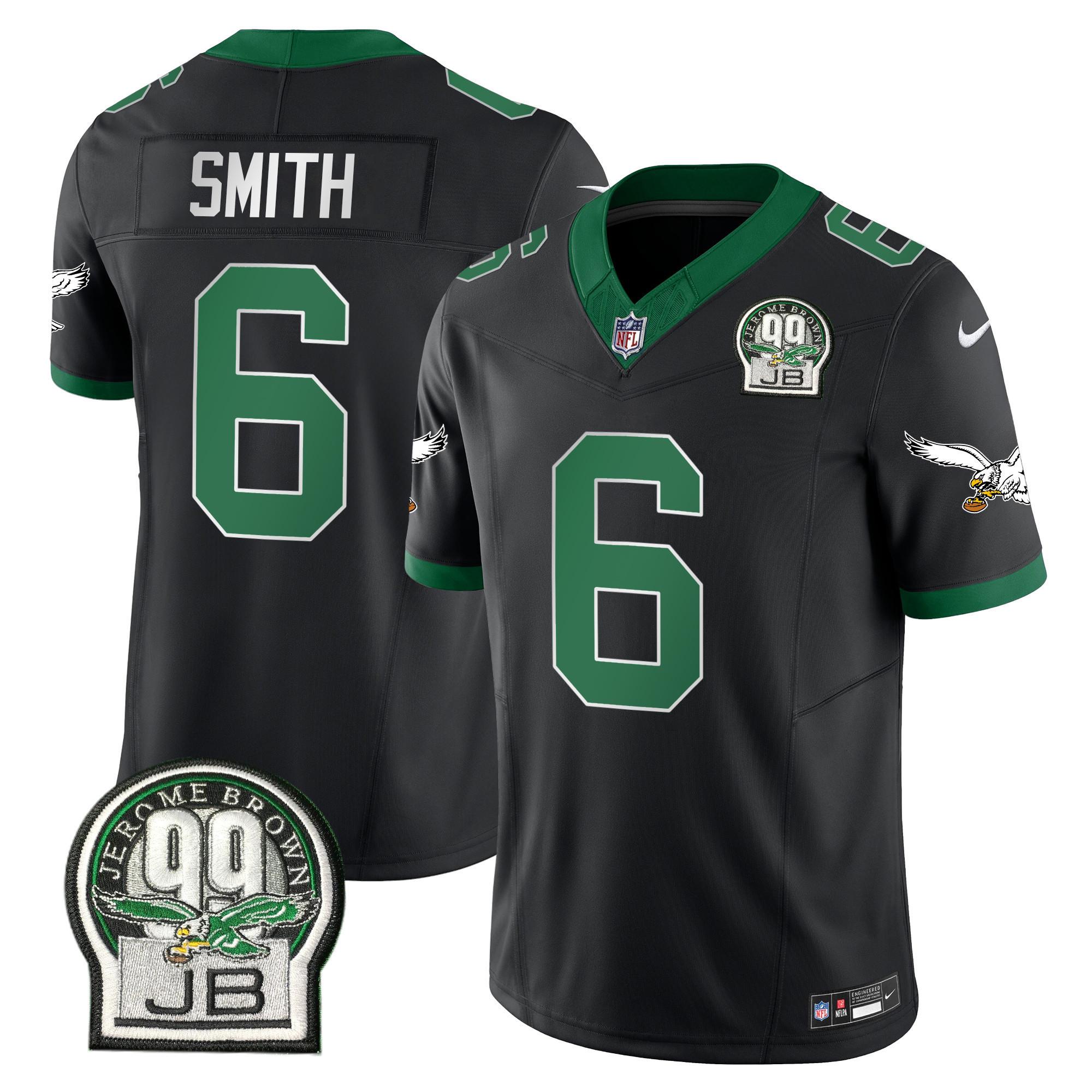 DeVonta Smith Men's Philadelphia Eagles Jerome Brown Patch Kelly Green Alternate Black Jersey - All Stitched