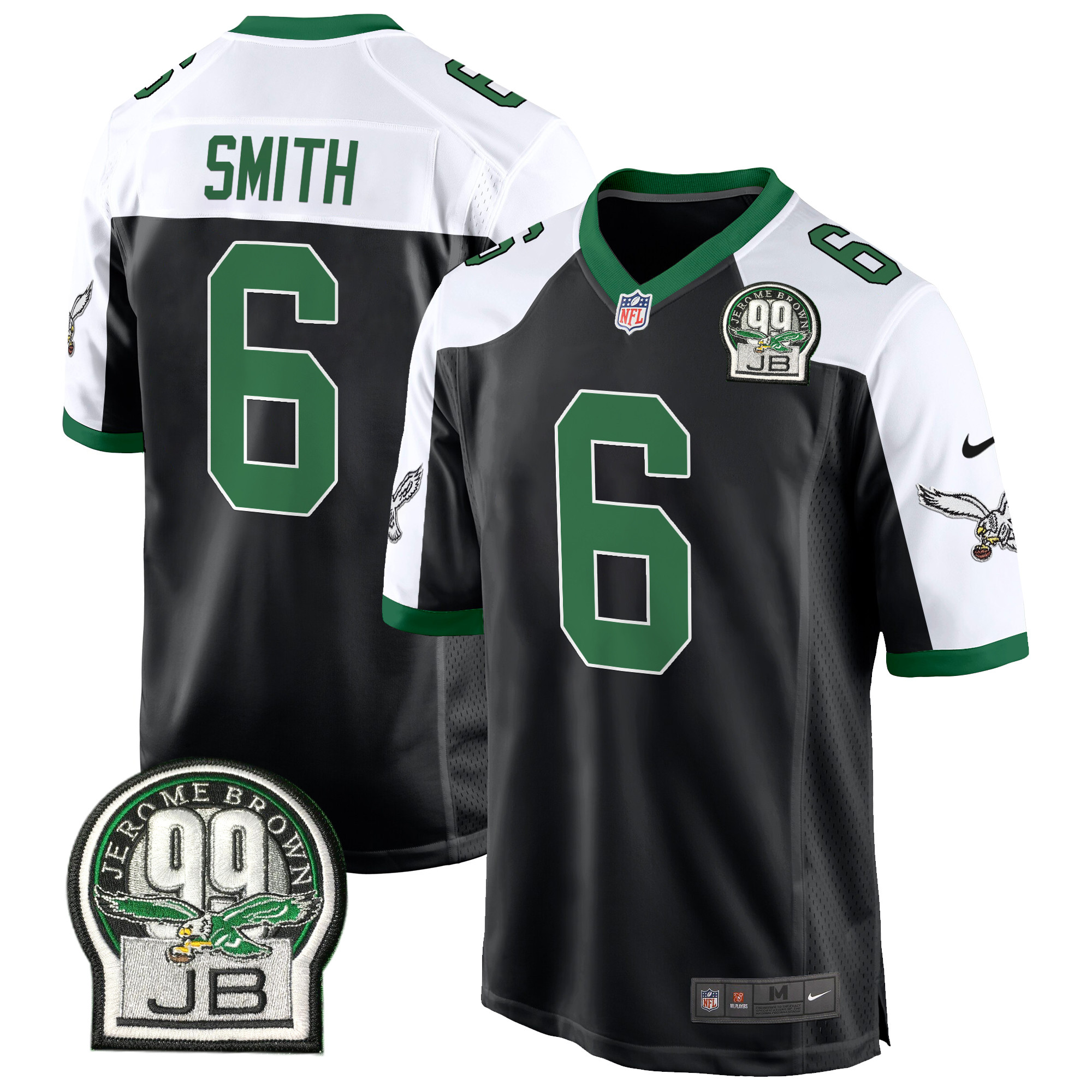 DeVonta Smith Men's Philadelphia Eagles Jerome Brown Patch Kelly Green Game Black Alternate Jersey - All Stitched