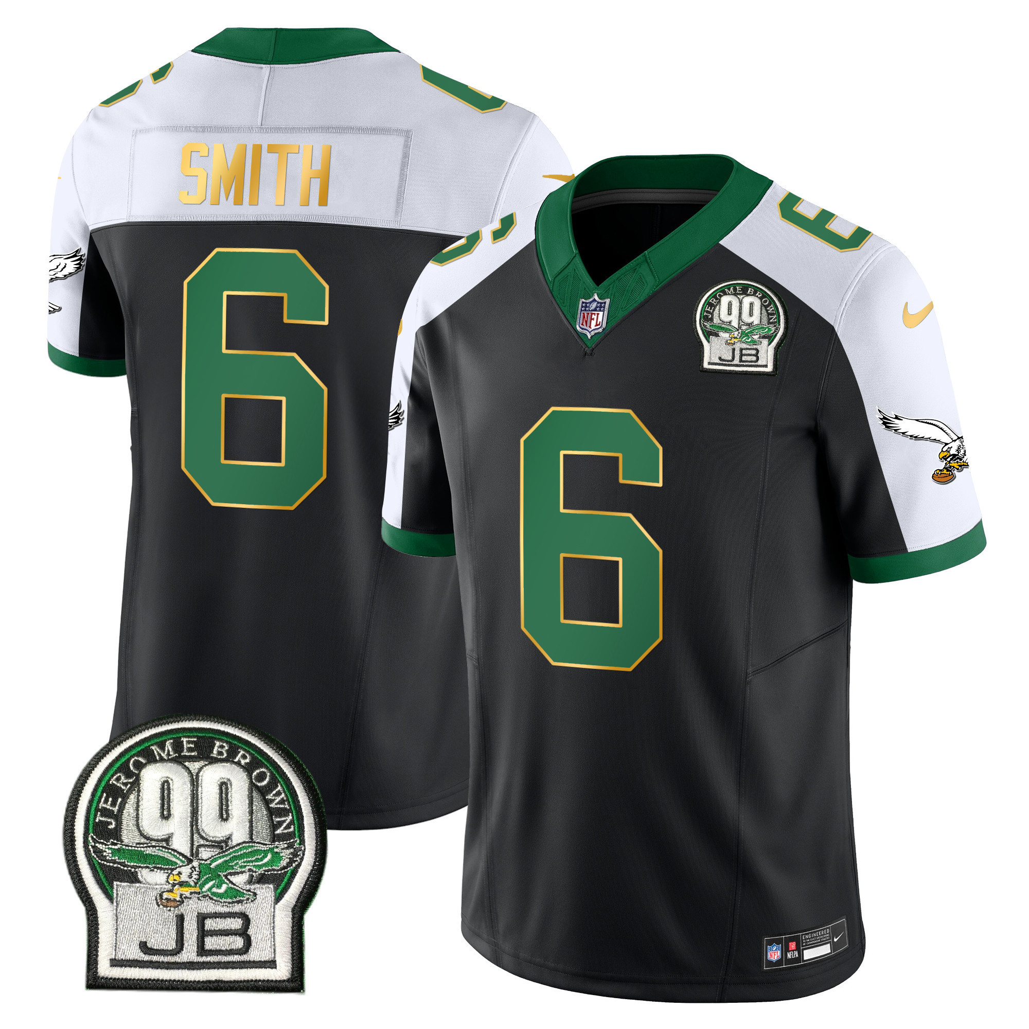 DeVonta Smith Men's Philadelphia Eagles Jerome Brown Patch Kelly Green Gold Trim Black Alternate Jersey - All Stitched