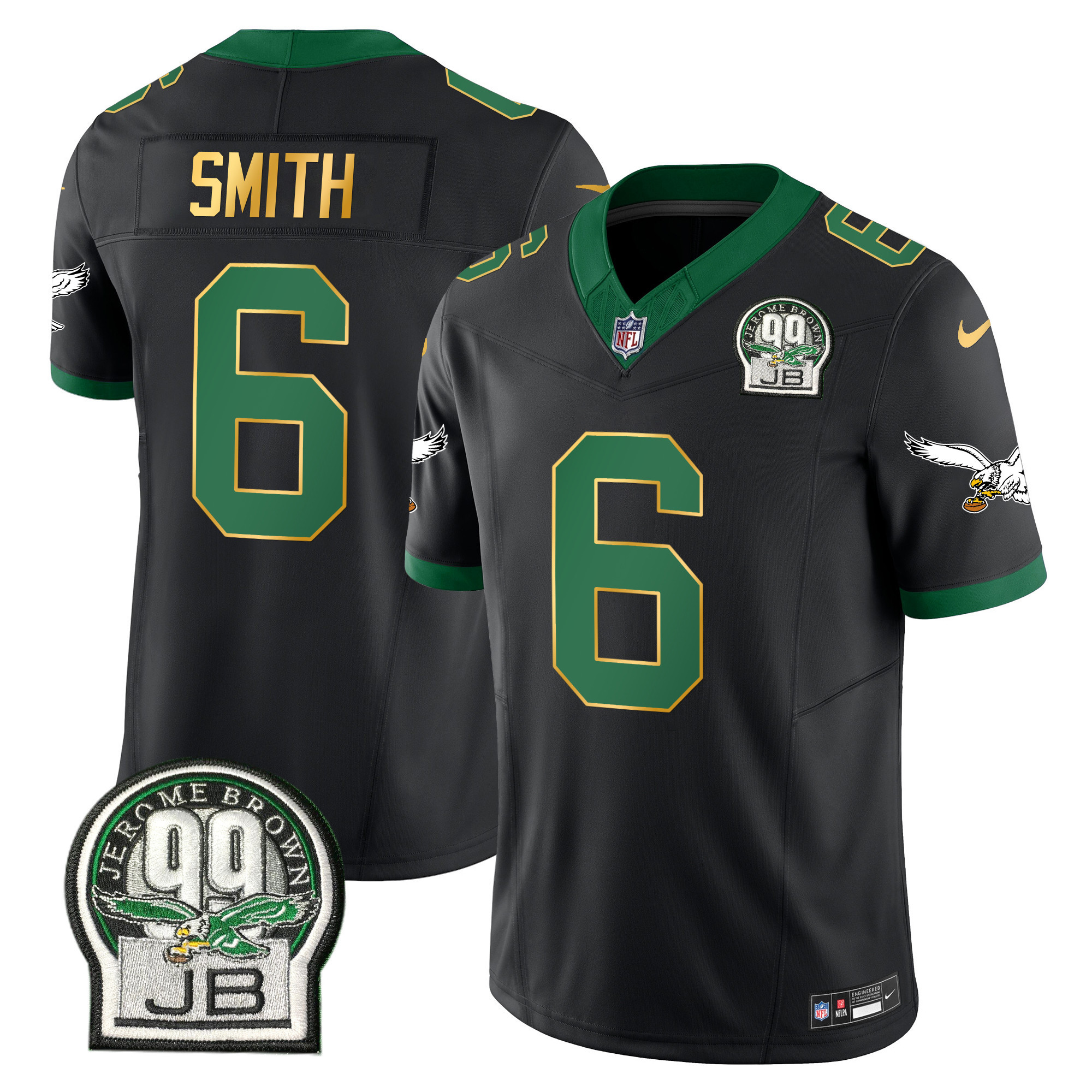 DeVonta Smith Men's Philadelphia Eagles Jerome Brown Patch Kelly Green Gold Trim Black Jersey - All Stitched