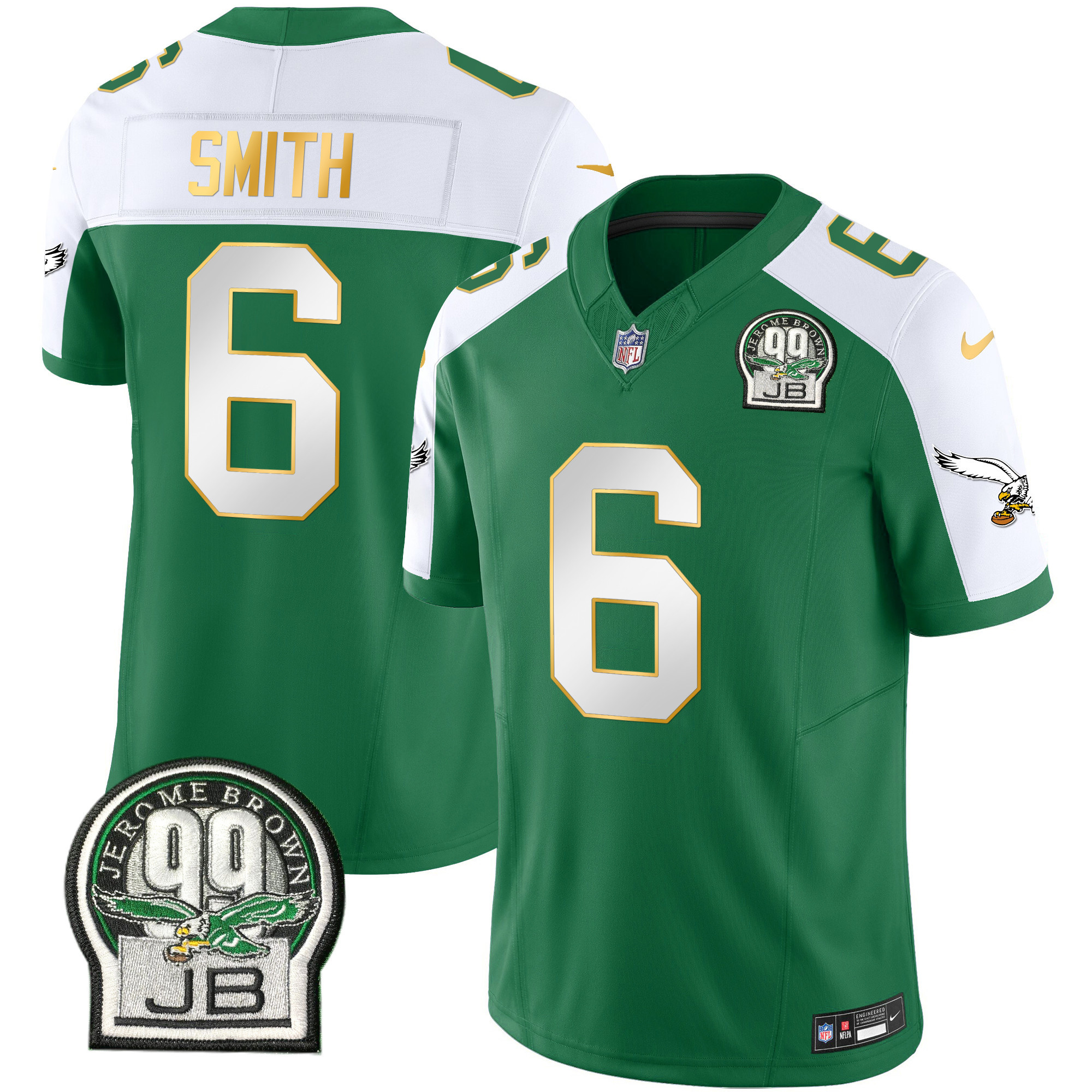 DeVonta Smith Men's Philadelphia Eagles Jerome Brown Patch Kelly Green Gold Trim Kelly Alternate Jersey - All Stitched