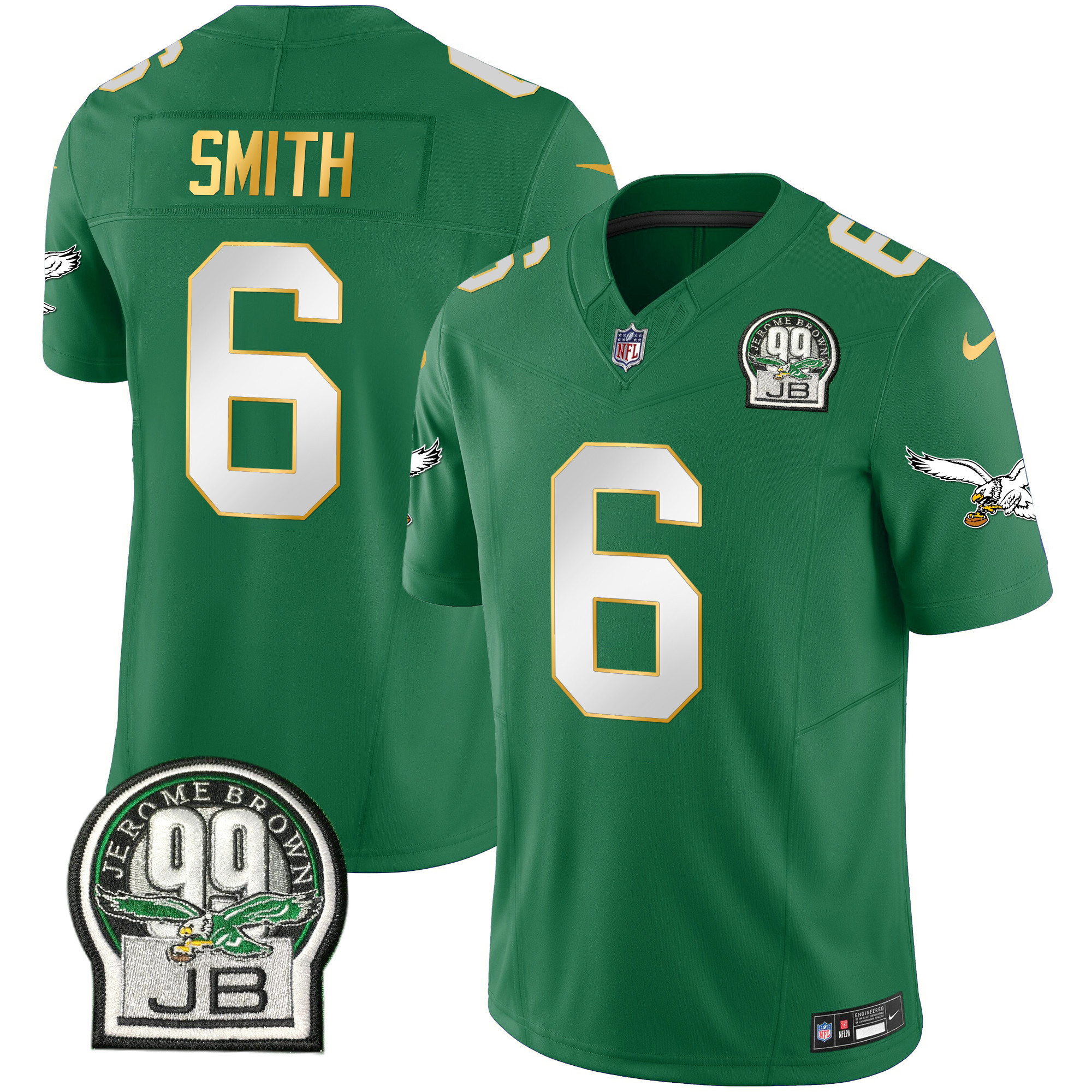 DeVonta Smith Men's Philadelphia Eagles Jerome Brown Patch Kelly Green Gold Trim Kelly Green Jersey - All Stitched