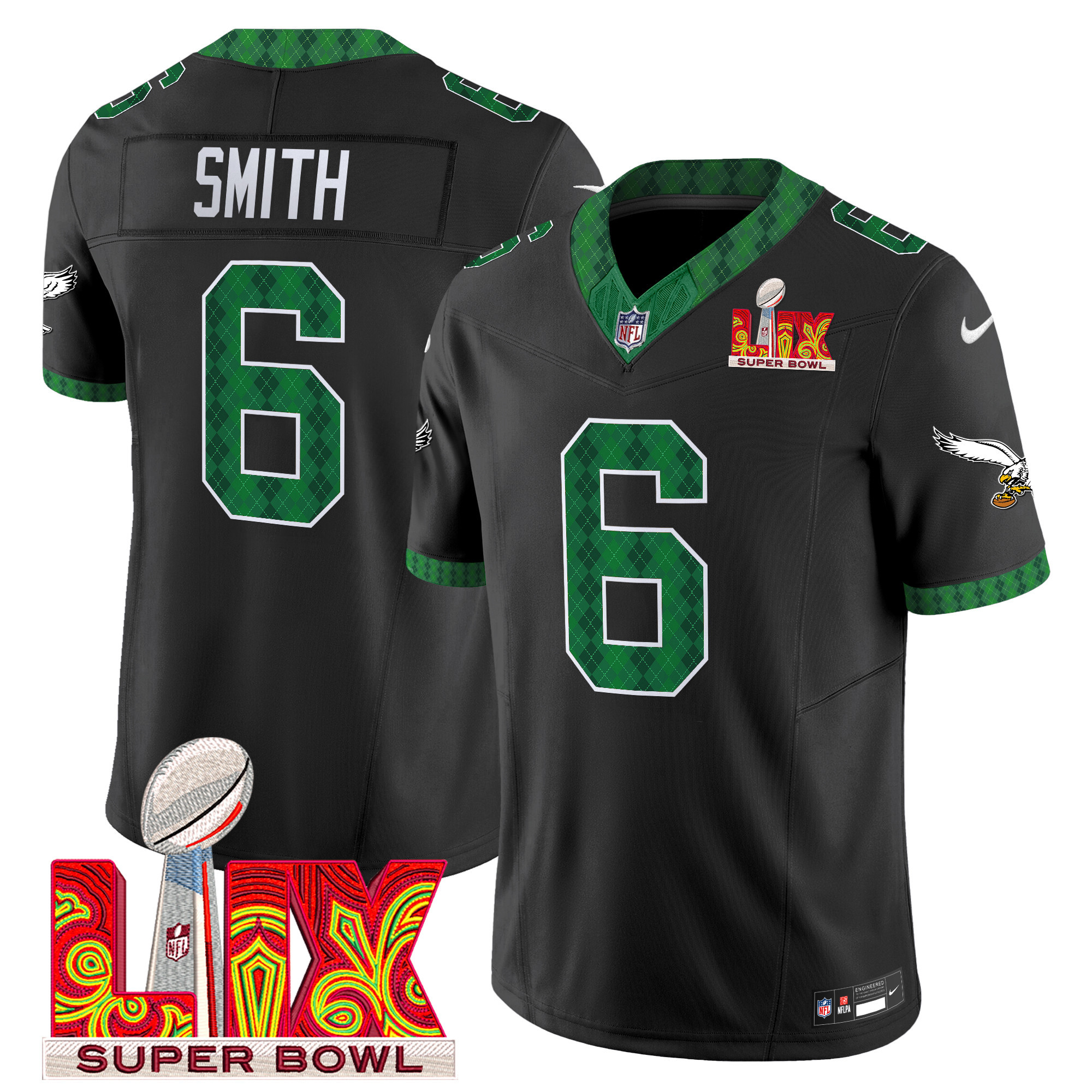DeVonta Smith Men's Philadelphia Eagles Kelly Green St. Patrick's Day Super Bowl LIX Patch Vapor Limited Black Jersey - All Stitched