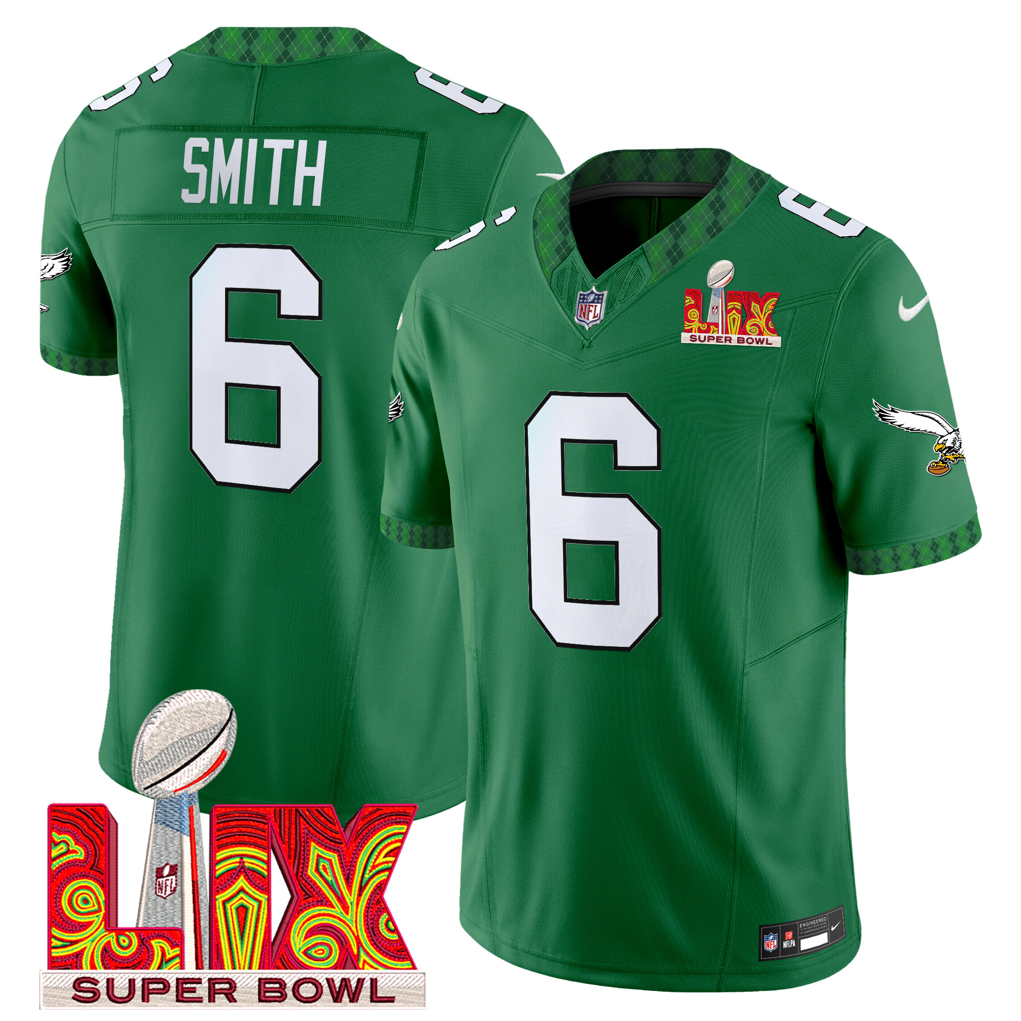 DeVonta Smith Men's Philadelphia Eagles Kelly Green St. Patrick's Day Super Bowl LIX Patch Vapor Limited Kelly Green Jersey - All Stitched