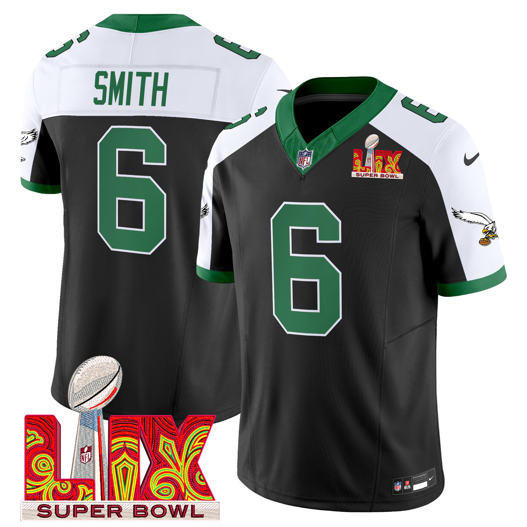 DeVonta Smith Men's Philadelphia Eagles Kelly Green Super Bowl LIX Patch Vapor Limited Black Alternate Jersey - All Stitched