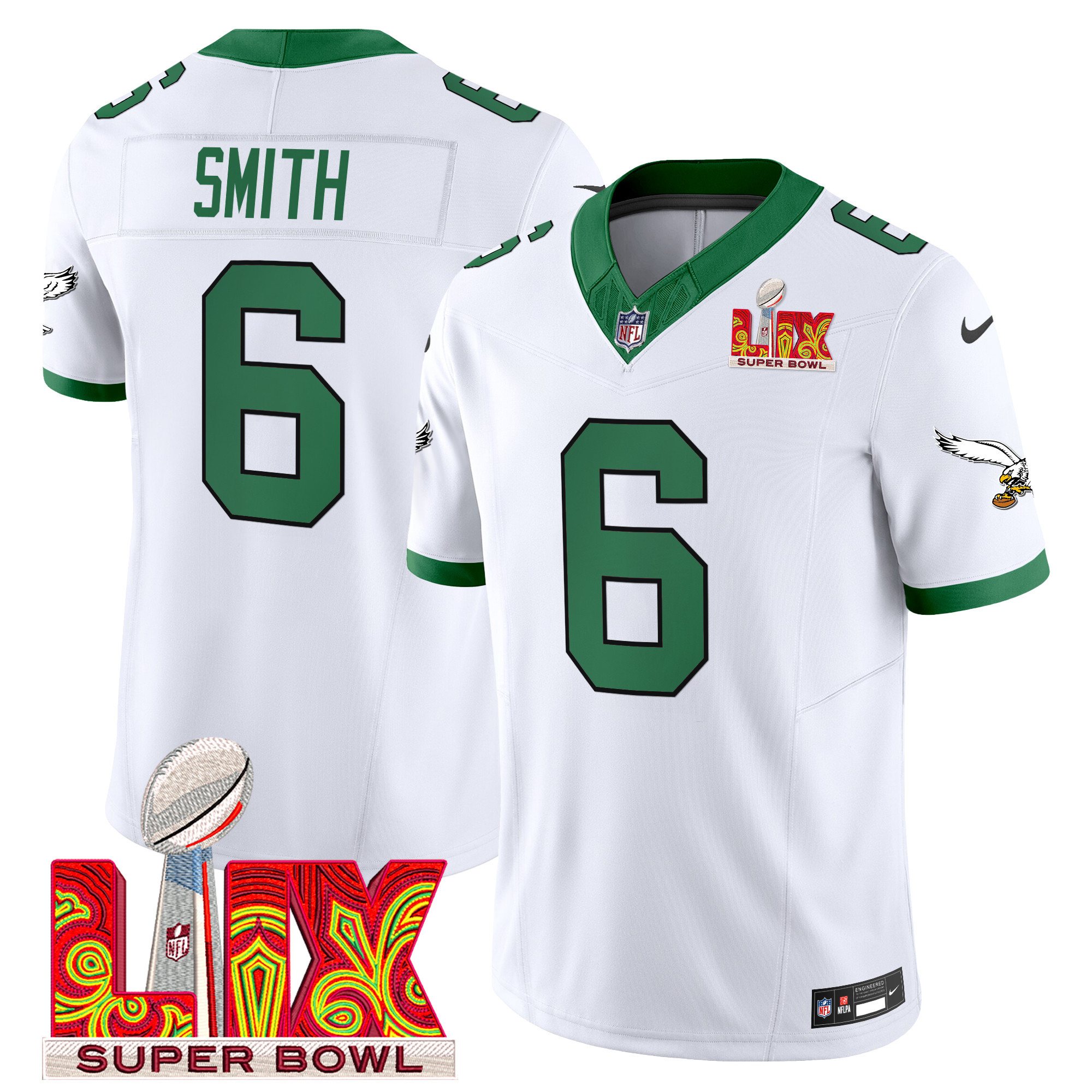 DeVonta Smith Men's Philadelphia Eagles Kelly Green Super Bowl LIX Patch Vapor Limited Kelly White Jersey - All Stitched