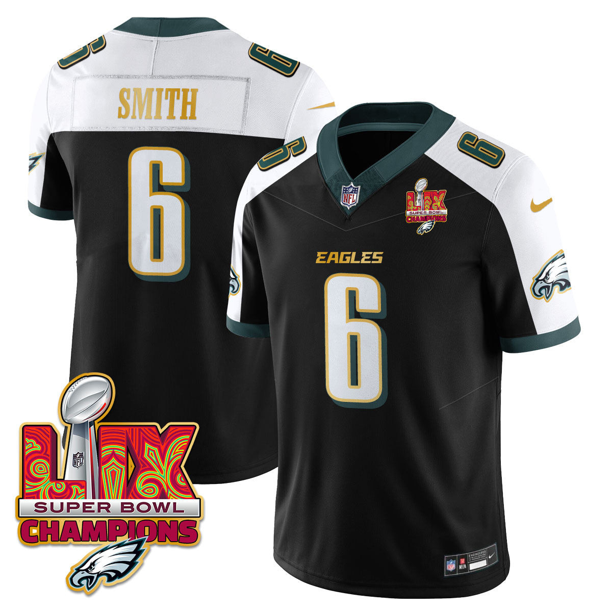 DeVonta Smith Men's Philadelphia Eagles Super Bowl LIX Champions Gold Trim Vapor Limited Black Alternate Jersey - All Stitched