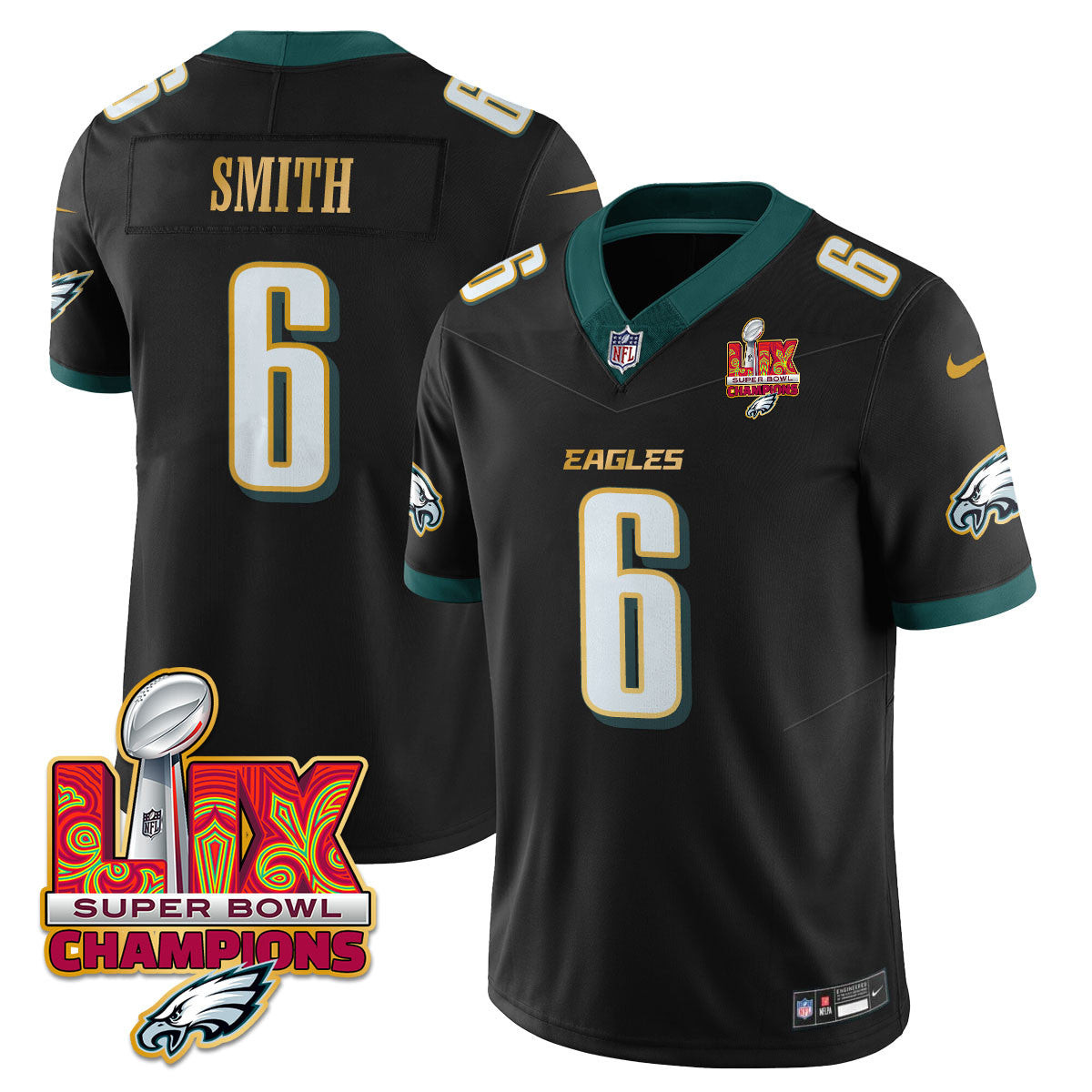 DeVonta Smith Men's Philadelphia Eagles Super Bowl LIX Champions Gold Trim Vapor Limited Black Jersey - All Stitched