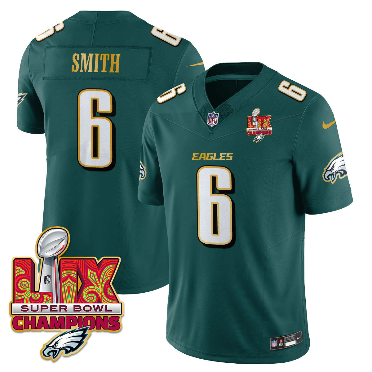 DeVonta Smith Men's Philadelphia Eagles Super Bowl LIX Champions Gold Trim Vapor Limited Midnight Green Jersey - All Stitched