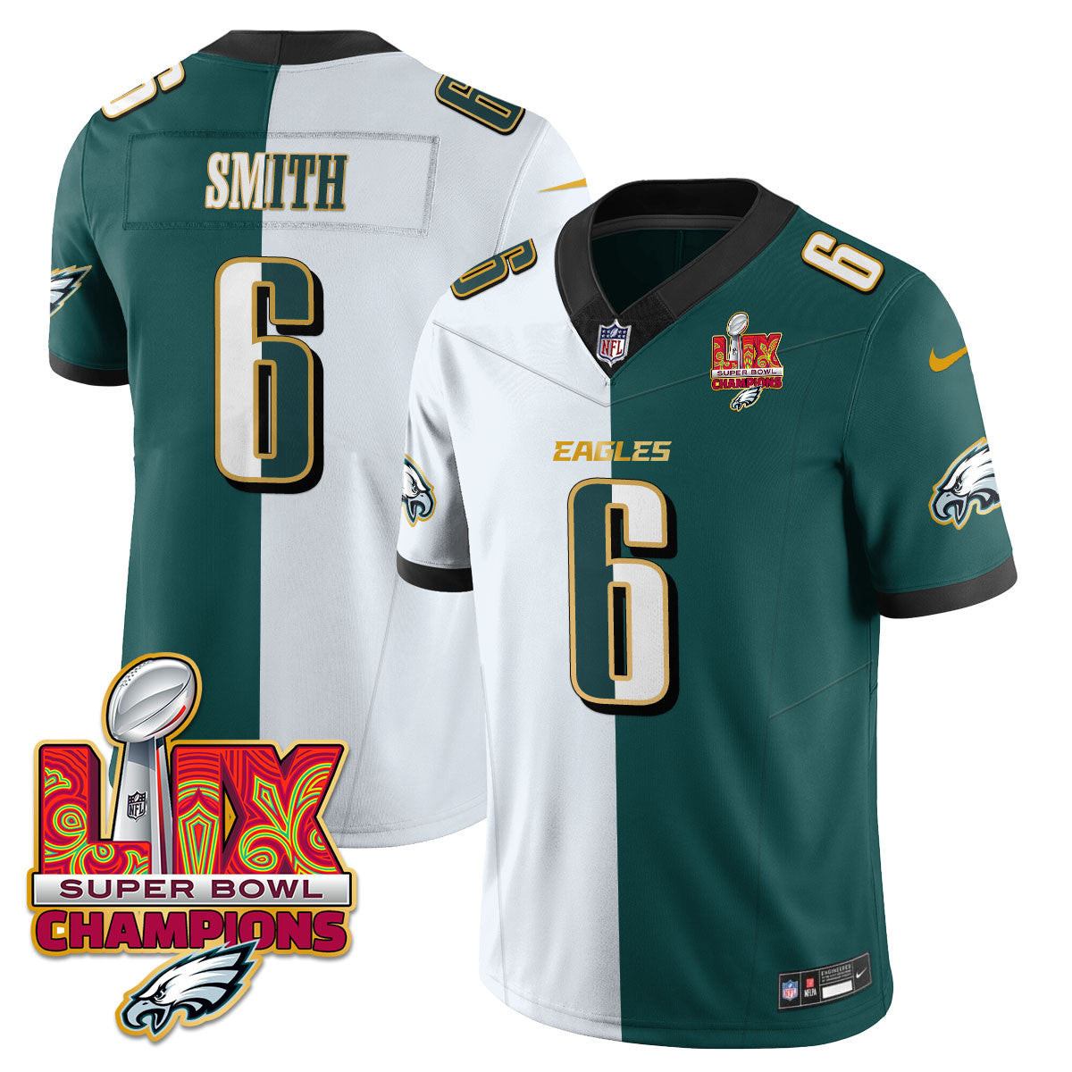 DeVonta Smith Men's Philadelphia Eagles Super Bowl LIX Champions Gold Trim Vapor Limited Split Jersey - All Stitched