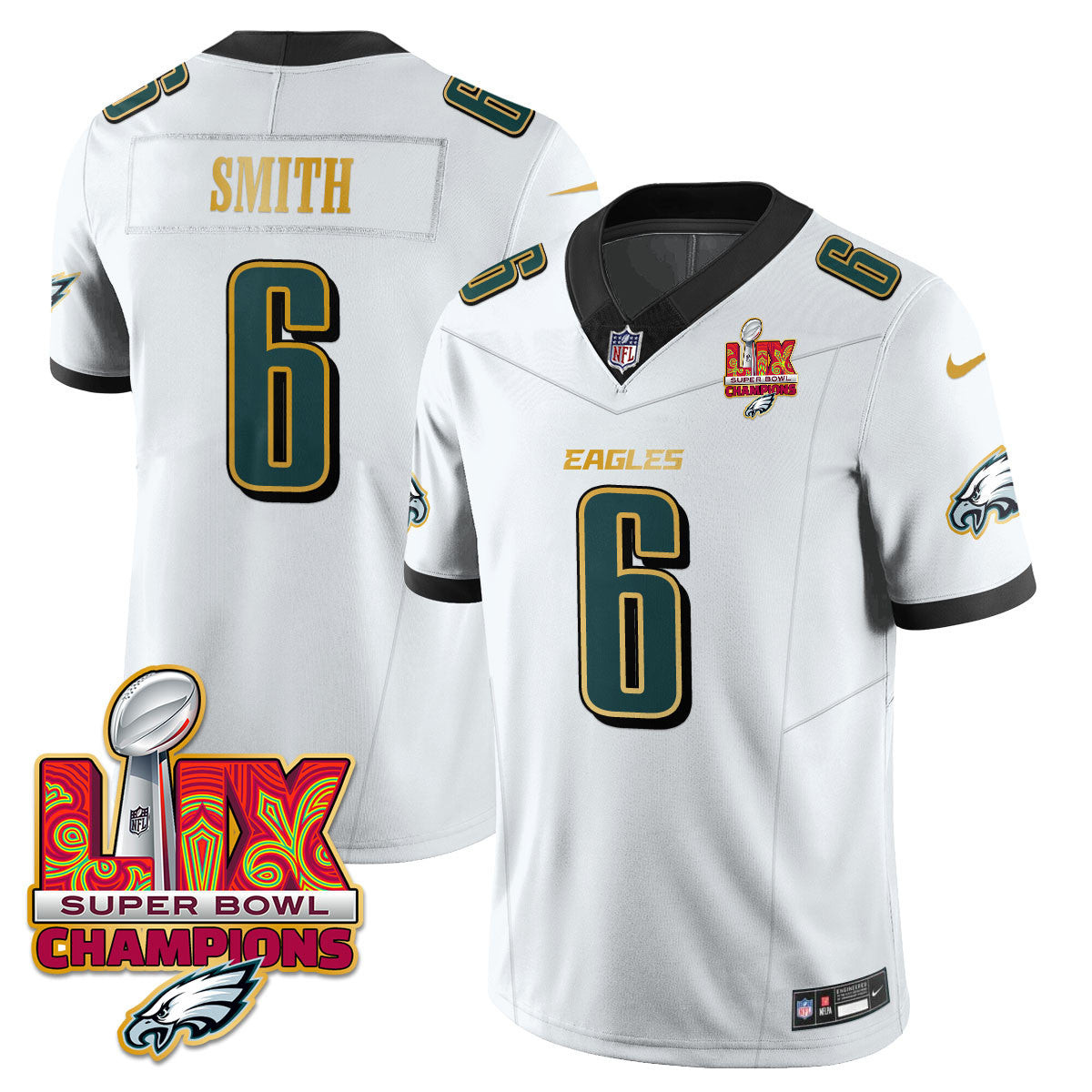 DeVonta Smith Men's Philadelphia Eagles Super Bowl LIX Champions Gold Trim Vapor Limited White Jersey - All Stitched