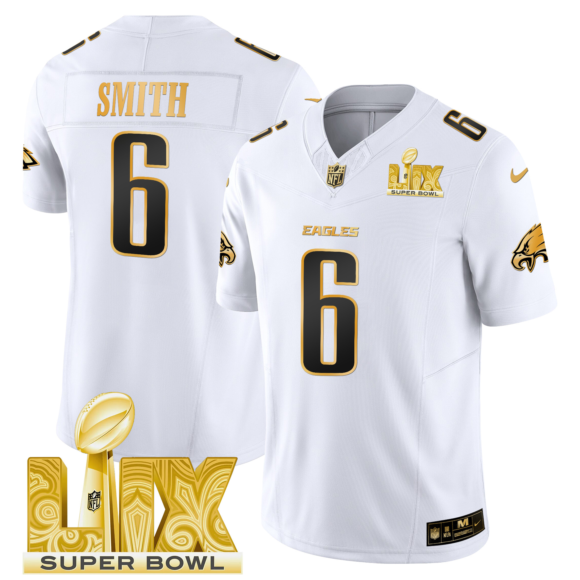 DeVonta Smith Men's Philadelphia Eagles Super Bowl LIX Patch Gold Vapor Limited White Gold Jersey - All Stitched