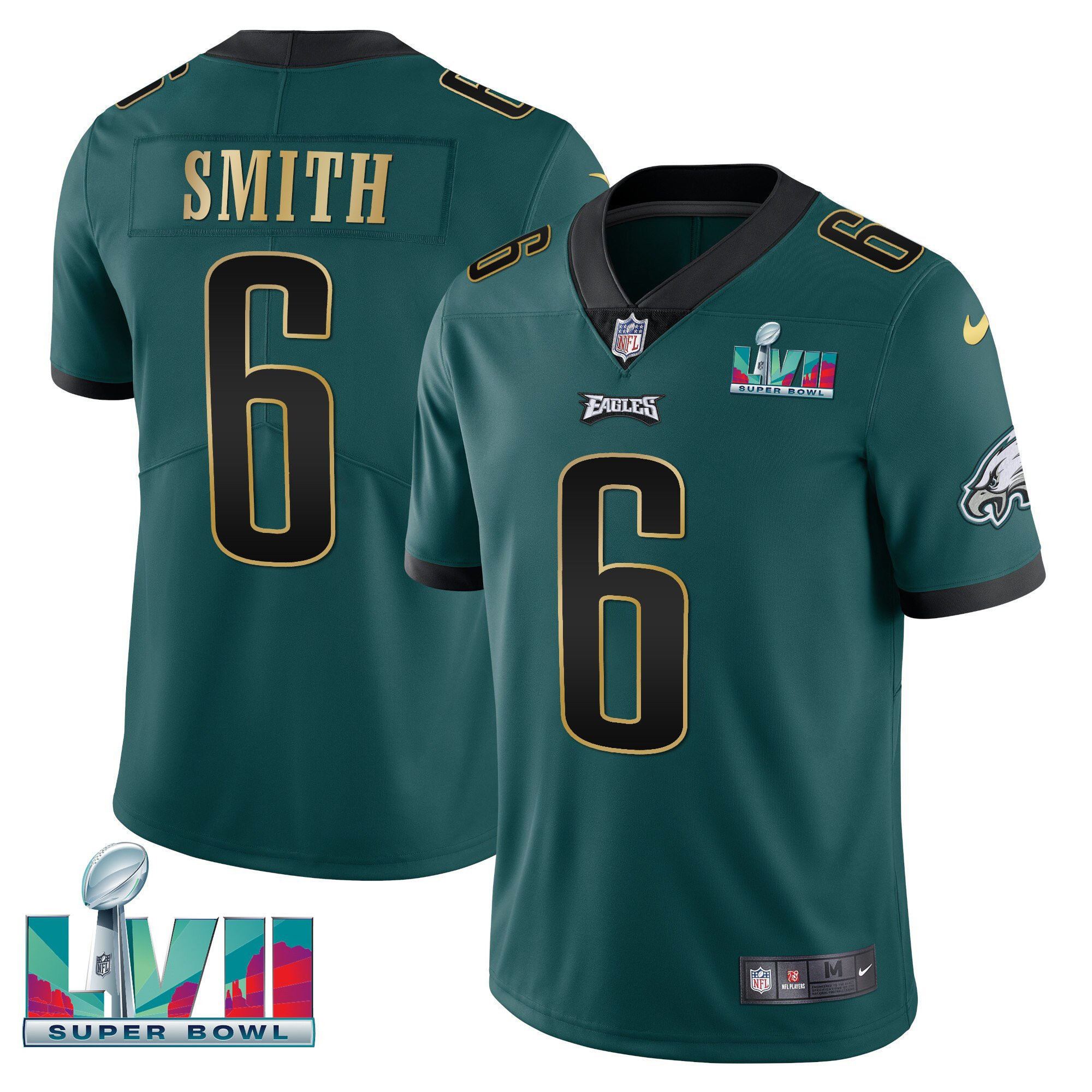 DeVonta Smith Men's Philadelphia Eagles Super Bowl Patch Vapor Green Gold Trim Jersey - All Stitched