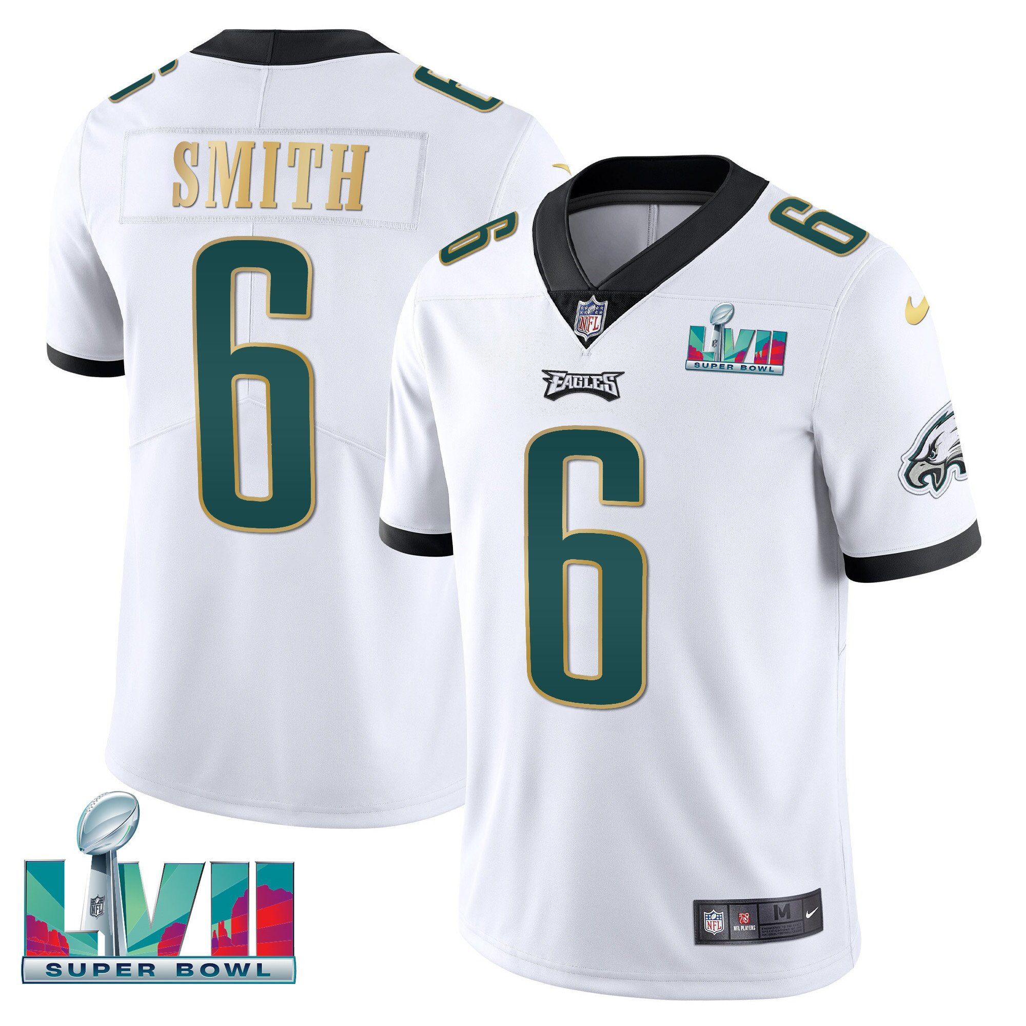 DeVonta Smith Men's Philadelphia Eagles Super Bowl Patch Vapor White Gold Trim Jersey - All Stitched
