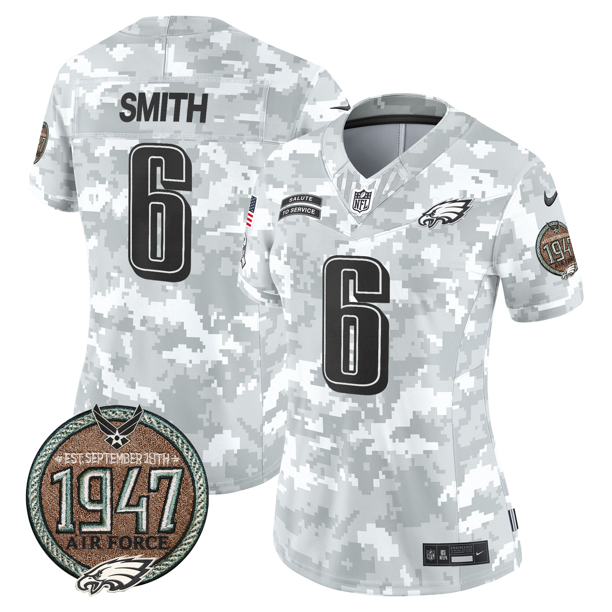 DeVonta Smith Women's Philadelphia Eagles 2024 Salute to Service Establishment Year Patch Vapor Limited Air Force Jersey - All Stitched