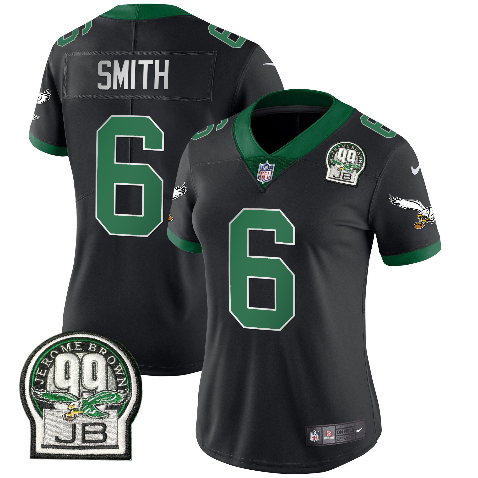 DeVonta Smith Women's Philadelphia Eagles Jerome Brown Retired Patch Gold & Kelly Kelly Black Jersey - All Stitched