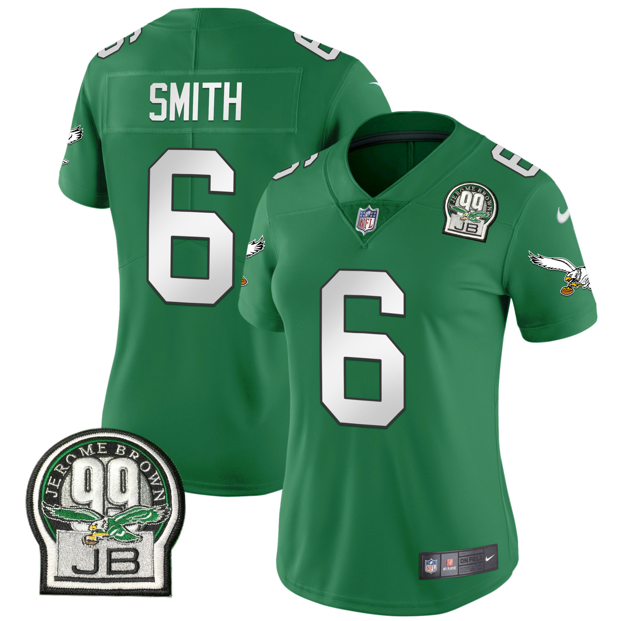 DeVonta Smith Women's Philadelphia Eagles Jerome Brown Retired Patch Gold & Kelly Kelly Green Jersey - All Stitched