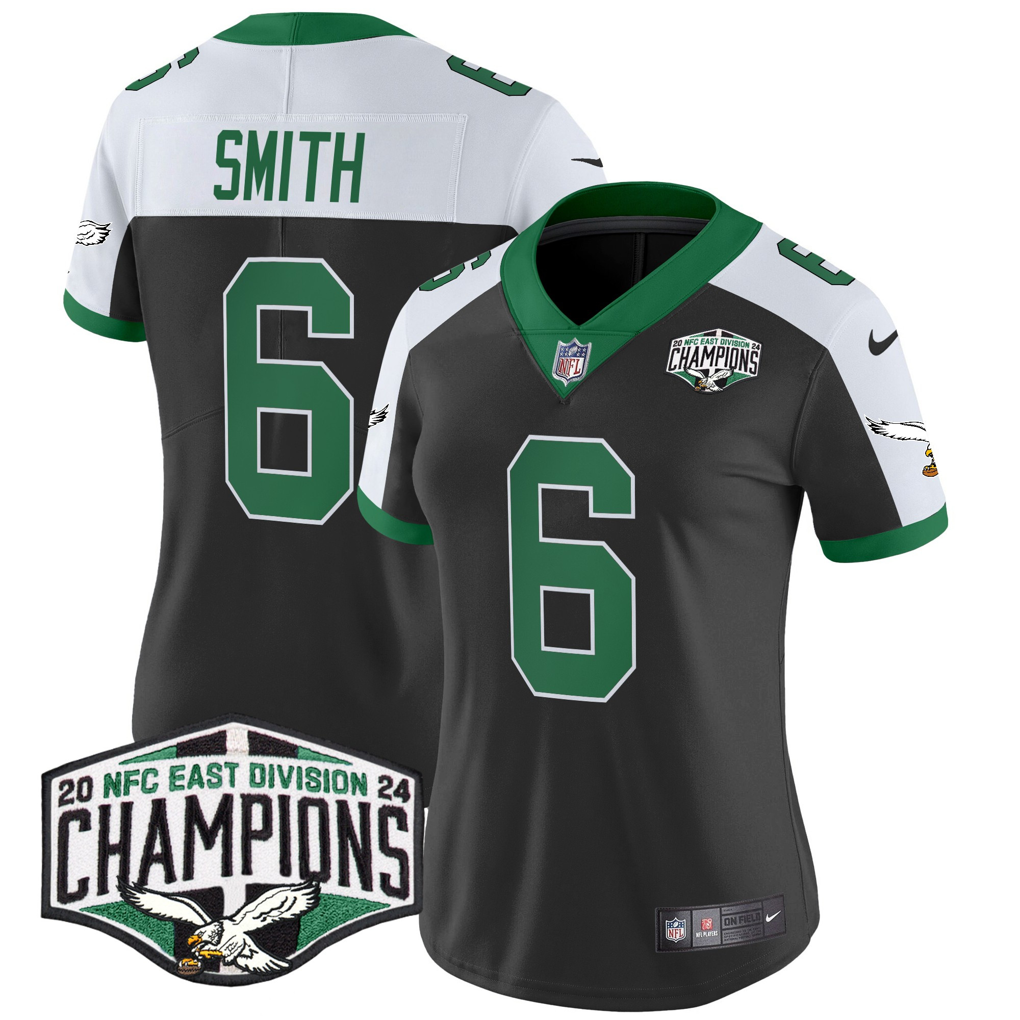 DeVonta Smith Women's Philadelphia Eagles Kelly Green 2024 NFC East Division Champions Vapor Limited Black Alternate Jersey - All Stitched