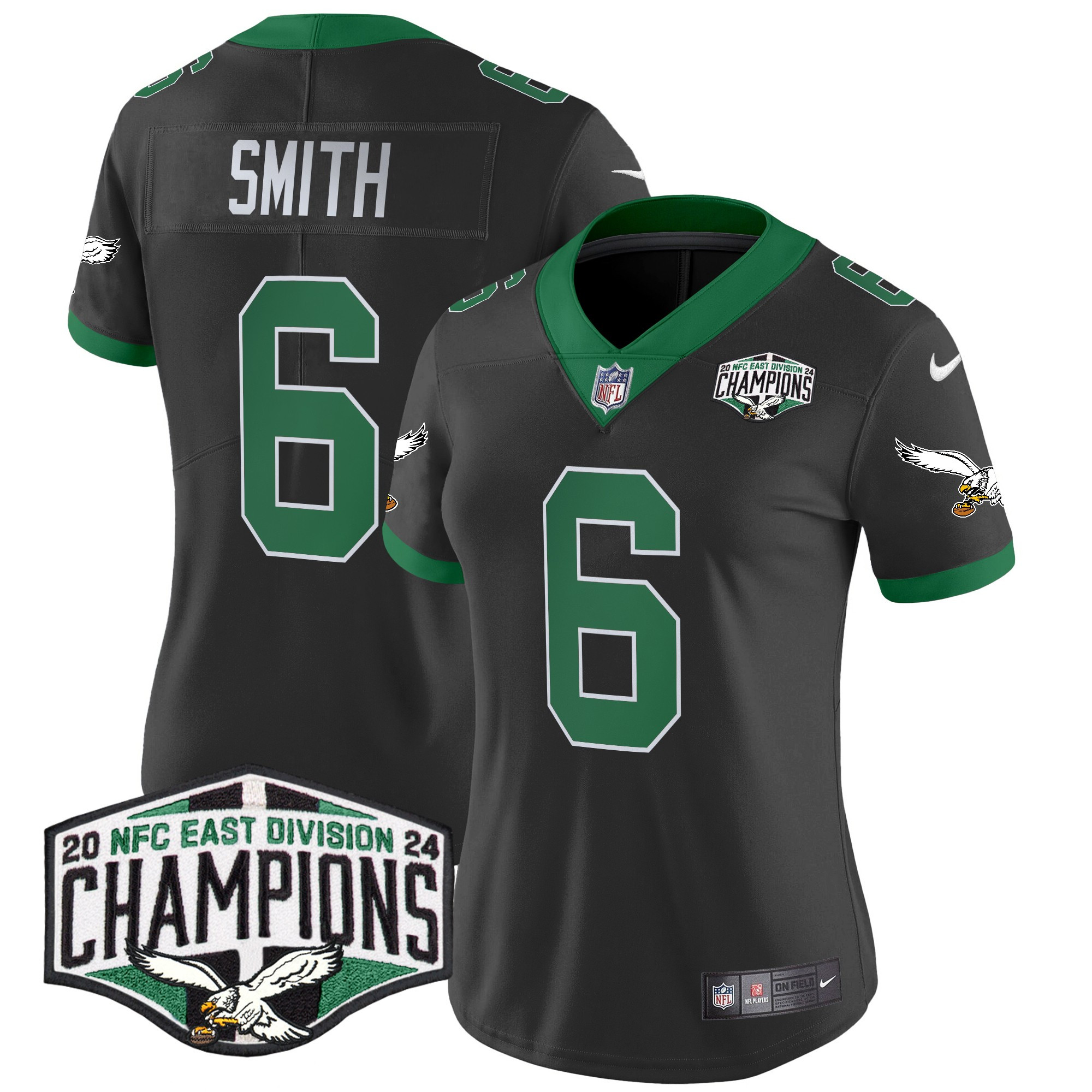DeVonta Smith Women's Philadelphia Eagles Kelly Green 2024 NFC East Division Champions Vapor Limited Black Jersey - All Stitched