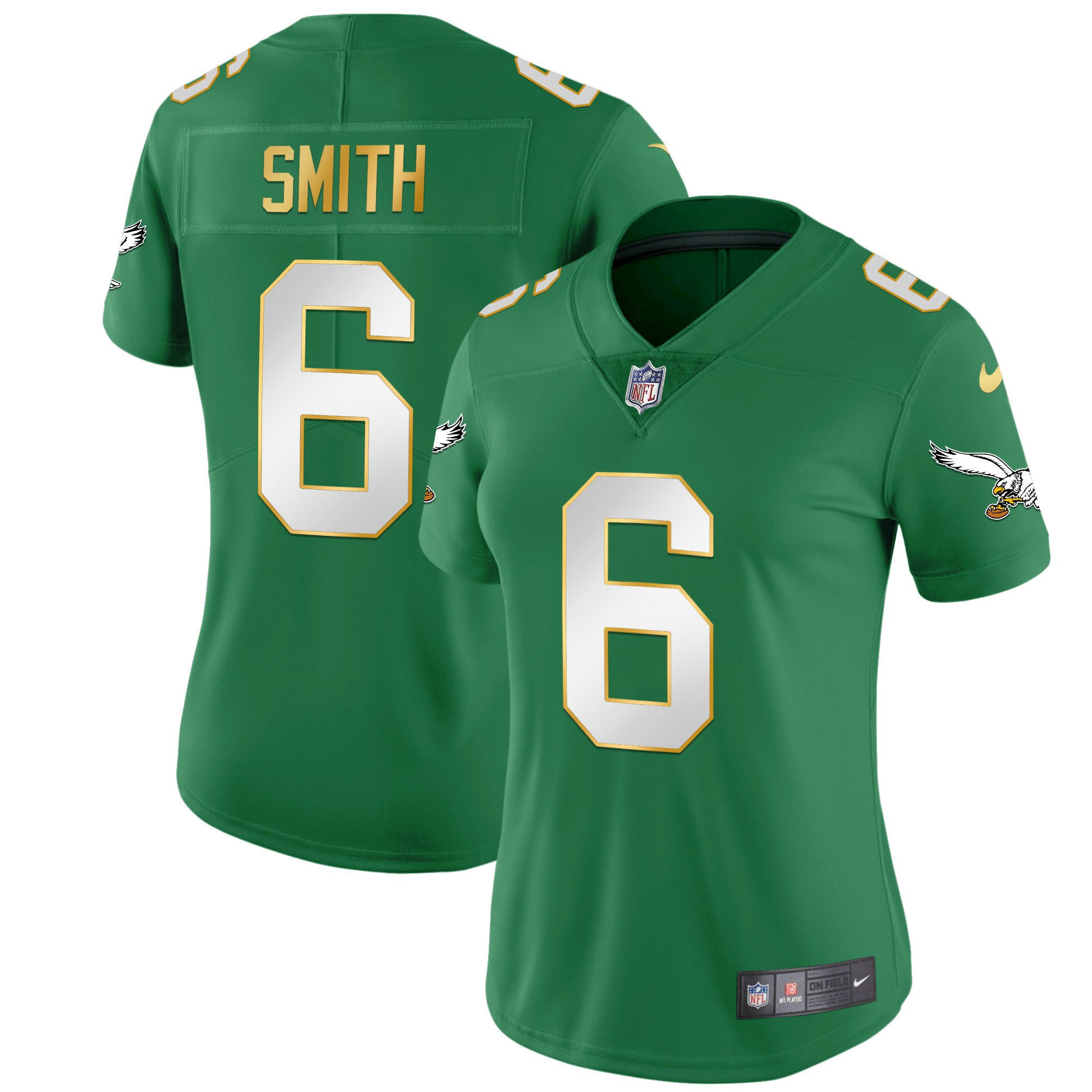 DeVonta Smith Women's Philadelphia Eagles Kelly Green Gold Gold Trim Jersey - All Stitched