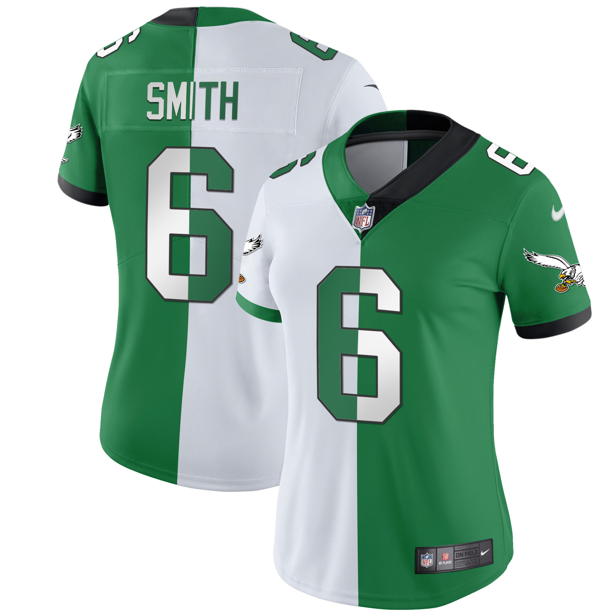 DeVonta Smith Women's Philadelphia Eagles Kelly Green Gold Split Jersey - All Stitched