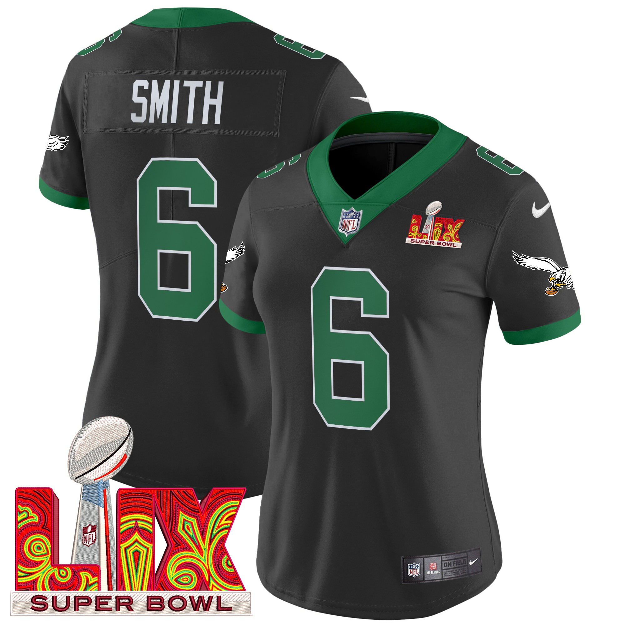 DeVonta Smith Women's Philadelphia Eagles Kelly Green Super Bowl LIX Patch Vapor Limited Black Jersey - All Stitched
